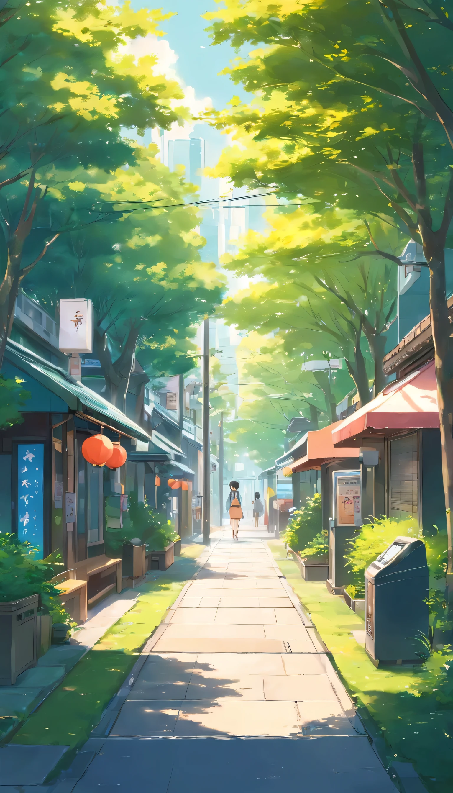 Beautiful Japanese street, camera focus on kiosk, grass and trees look great, although not in abundance, 
