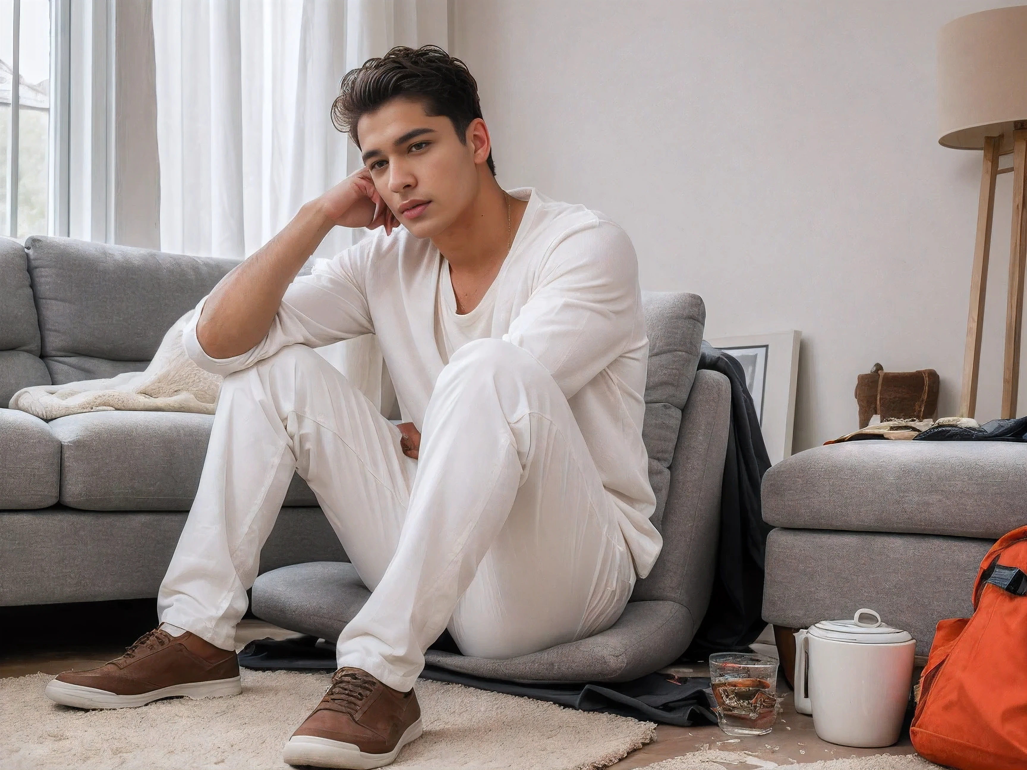 8k uhd, dslr, high quality , RAW photo, Realistic Photography , Fujifilm XT3, Canon R5, Handsome Men ,Cream colored thick trousers, Messy living room
