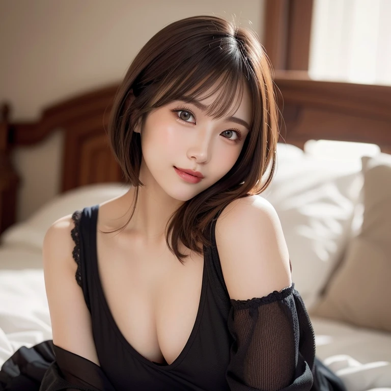 （highest quality:1.5）、(Realistic:1.5)、(1 person:1.5)、Very detailed、finely、High resolution、8k wallpaper、Perfect dynamic composition、Small breasts、Natural color lip、Cute smile、Japanese women、20-year-old girl、Beautiful and elaborate face、Perfect and beautiful face、Beautiful and detailed、Big eyes、Brunette eyes、Beautiful and elaborate face、Perfect and beautiful double eyelids、Natural Bangs、Beautiful thin nose、Beautiful Skin、Maroon brown hair、Medium Bob Hair、Short Hair、Natural Bangs、Bedroom、On the bed、Perfect and beautiful face、Natural pose、Slim face and figure、(looking at the camera)、Bright lighting、Professional Lighting、front lighting、Bold sexy pose、Natural smile、Cold Shoulder、Halter Shoulder、Beautiful clavicle、（A sexy shot of her looking straight at the camera）、Beautiful clavicle、Beautiful cleavage、Beautiful waistline、hot pants