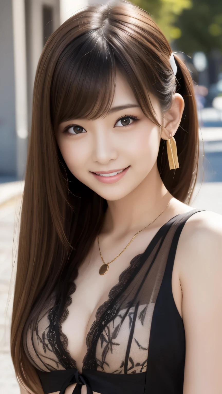 bright表情、Photorealistic:1.32、highest quality、超A high resolution、最も美しい日本のgirlの写真、Cute and beautiful face details、Small Face、(Purelos Face_V1:0.008)、美しいbangs、、Radiant, fair, glowing skin、Hair gets tangled in the face、girl１people、顔まで伸びるbangs、bangs、Hair between the eyes、Attractive brown silky hair、bright、Clear eyes shine charmingly、Dynamic pose、highest quality、Disorganized、((the cutest girl in the world))、日本people、((Maxi length see-through lace dress with ribbon:1.3))、(ponytail:1.3)、(tie with a thin ribbon)、Nice and cute、An innocent smile、nice smile、No cleavage、(Large Breasts:1.3)、(The gesture of putting your hair behind your ears with your hands:1.3)、Side Tail、Brown Hair、Small waist、Detailed beautiful eyes、View your viewers、Upper Body、Close-up of face、Front view、