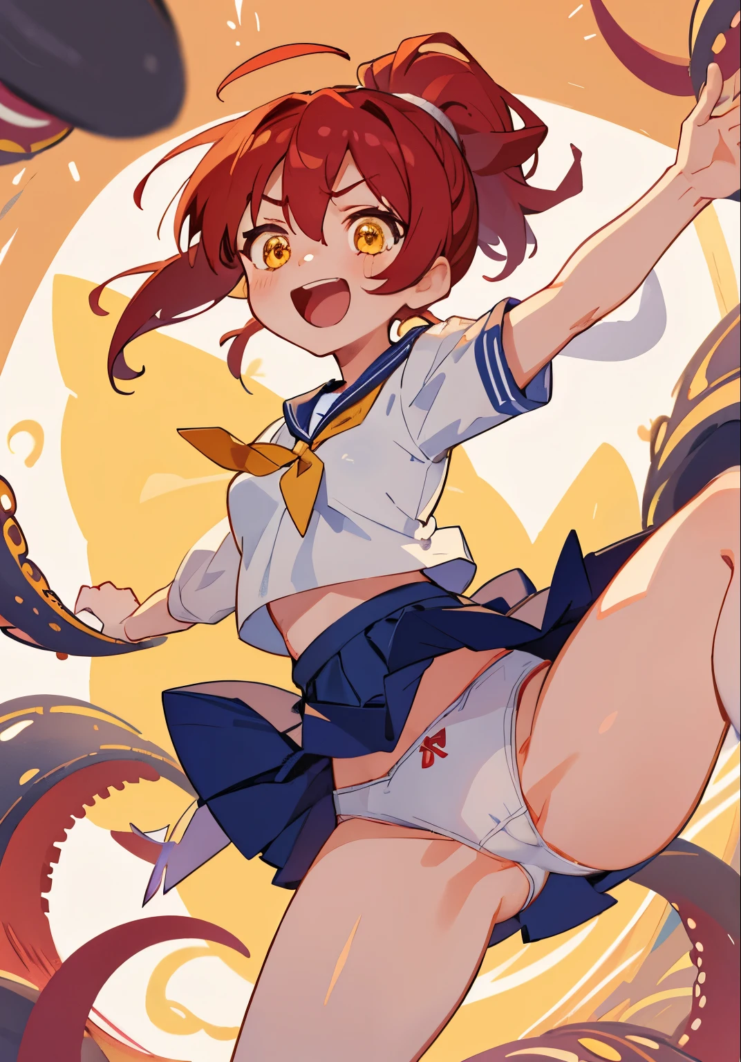 masterpiece, highest quality,  Poor breasts、crimson hair、ponytail、Glowing yellow eyes、Bangs between the eyes、Ahoge, Breasts exposed from sailor uniform、Skirt rolled up, 8--old、te panties、Leg spread、Ecstatic expression、raped by the entwining tentacles、From behind