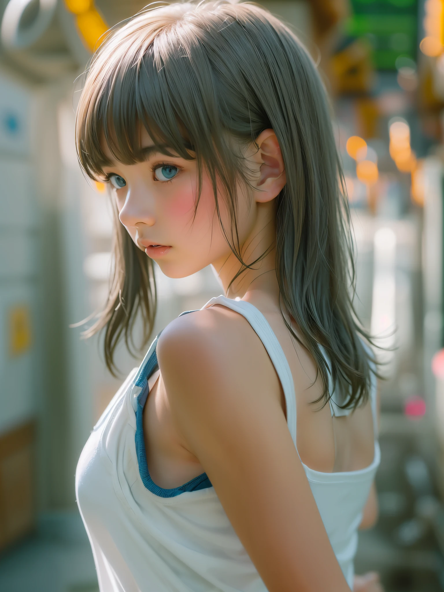 8k,(RAW photo),(best quality), (photo-realistic:1.4),realistic skin texture 1girl,Cute,Double eyelid,bangs,full body,petite,Thin leg,(Slender figure),slim,smile,headgear,earrings,necklace,looking at looking at viewer,face focus,depth of field,club ,(Bust U...