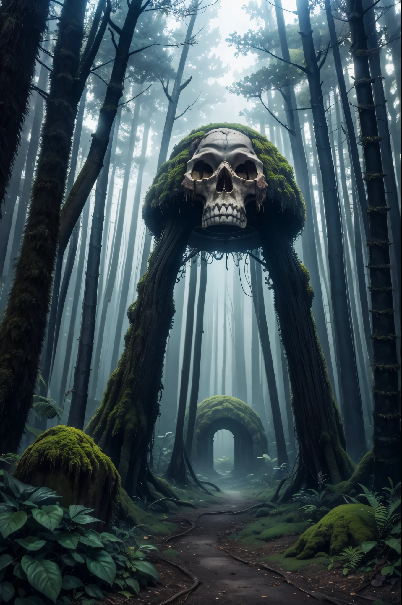 Photo of a portal in shape of a giant moss covered skull in the dark forrest, warner brothers film style, mystic, psychodelic atmosphere, 35mm