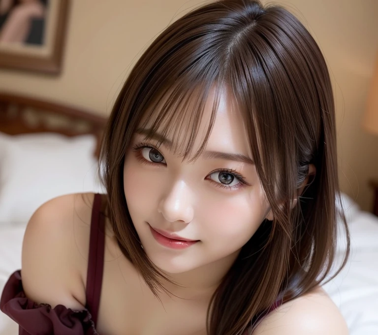 (highest quality:1.5)、(Realistic:1.5)、(1 person:1.5)、Very detailed、finely、High resolution、8k wallpaper、Perfect dynamic composition、Small breasts、Natural color lip、Cute smile、Japanese women、20-year-old girl、Beautiful and elaborate face、Perfect and beautiful face、Beautiful and detailed、Big eyes、Brunette eyes、Beautiful and elaborate face、Perfect and beautiful double eyelids、Natural Bangs、Beautiful thin nose、Beautiful Skin、Maroon brown hair、Medium Bob Hair、Short Hair、Natural Bangs、Bedroom、On the bed、Perfect and beautiful face、Natural pose、Slim face and figure、(looking at the camera)、Bright lighting、Professional Lighting、front lighting、Bold sexy pose、Natural smile、Cold Shoulder、Halter Shoulder、Beautiful clavicle、(A sexy shot of her looking straight at the camera)、Beautiful clavicle、Beautiful cleavage、Beautiful waistline、hot pants