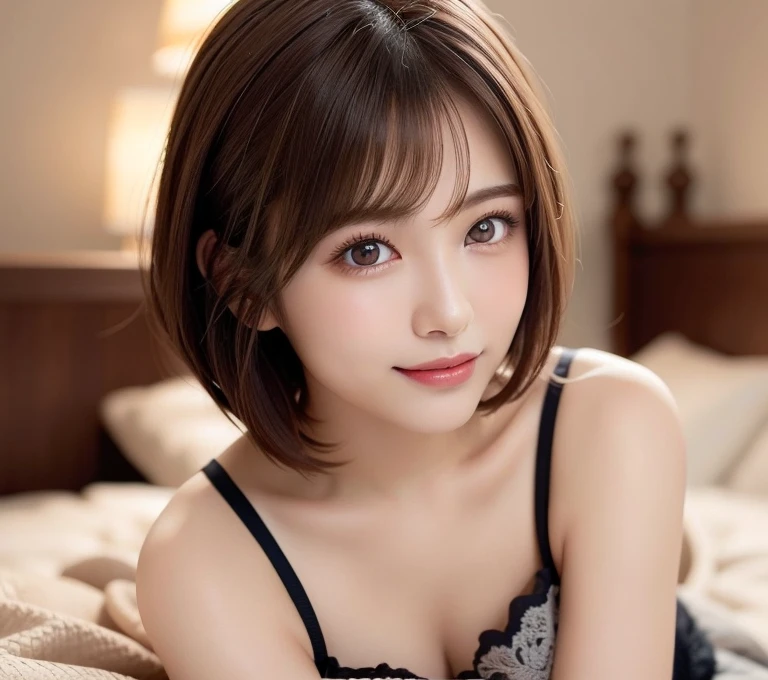 （highest quality:1.5）、(Realistic:1.5)、(1 person:1.5)、Very detailed、finely、High resolution、8k wallpaper、Perfect dynamic composition、Small breasts、Natural color lip、Cute smile、Japanese women、20-year-old girl、Beautiful and elaborate face、Perfect and beautiful face、Beautiful and detailed、Big eyes、Brunette eyes、Beautiful and elaborate face、Perfect and beautiful double eyelids、Natural Bangs、Beautiful thin nose、Beautiful Skin、Maroon brown hair、Medium Bob Hair、Short Hair、Natural Bangs、Bedroom、On the bed、Perfect and beautiful face、Natural pose、Slim face and figure、(looking at the camera)、Bright lighting、Professional Lighting、front lighting、Bold sexy pose、Natural smile、Cold Shoulder、Halter Shoulder、Beautiful clavicle、（A sexy shot of her looking straight at the camera）、Beautiful clavicle、Beautiful cleavage、Beautiful waistline、hot pants