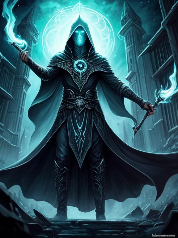 a dark and eerie scene of a hooded necromancer standing in front of an ancient tomb, holding a glowing crystal ball in one hand and a wand in the other. The tomb's entrance is adorned with intricate carvings and glowing runes, suggesting that it holds great power and secrets. In the background, mist swirls ominously around the tomb, adding to the foreboding atmosphere. The necromancer's face is obscured by the hood, but their body language suggests a sense of confidence and control. A faint, ghostly figure can be seen emerging from the tomb, hinting at the necromancer's successful summoning.