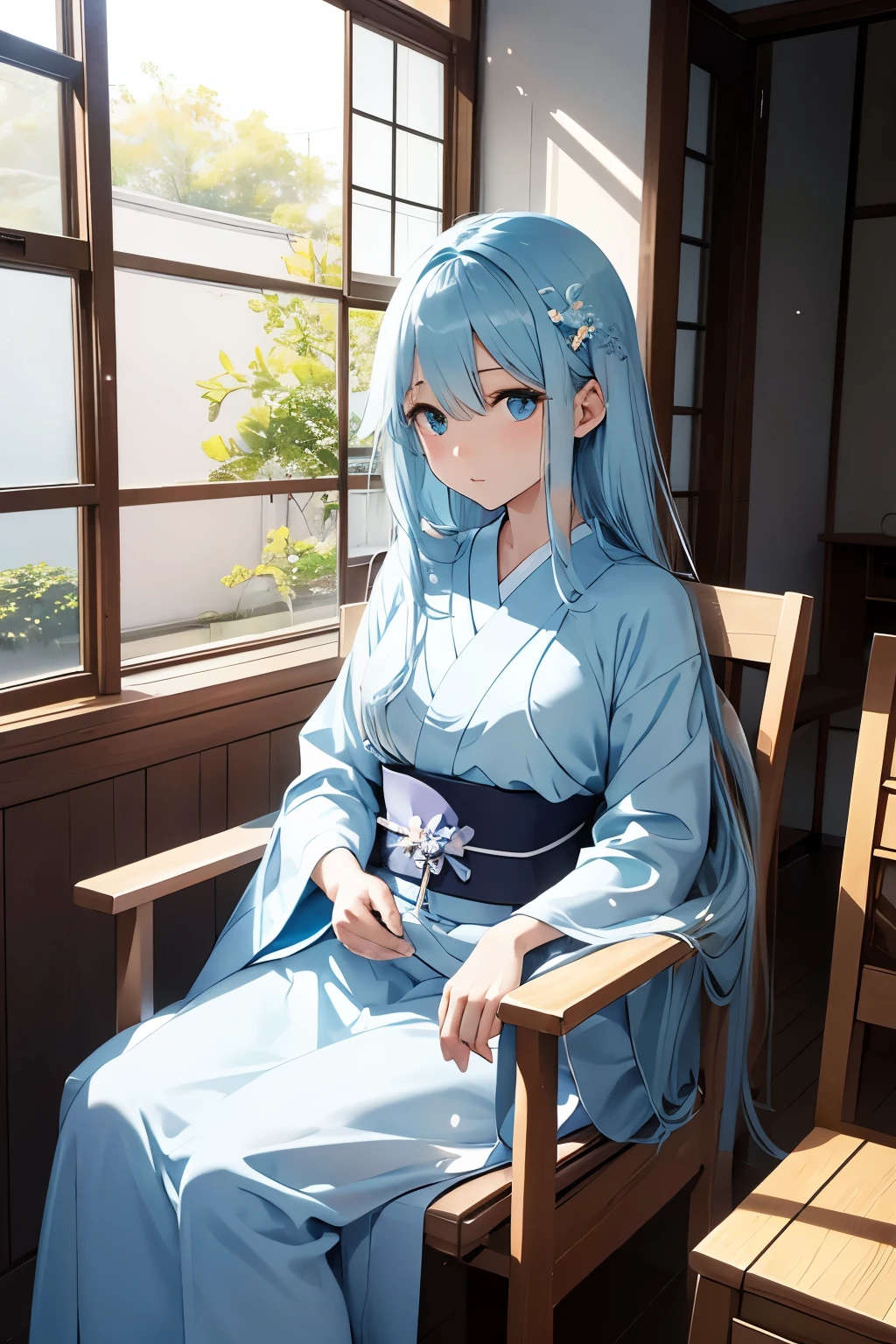 Light blue base、A transparent Japanese woman、Long hair、A fleeting image、Sitting in a chair by the window, looking outside