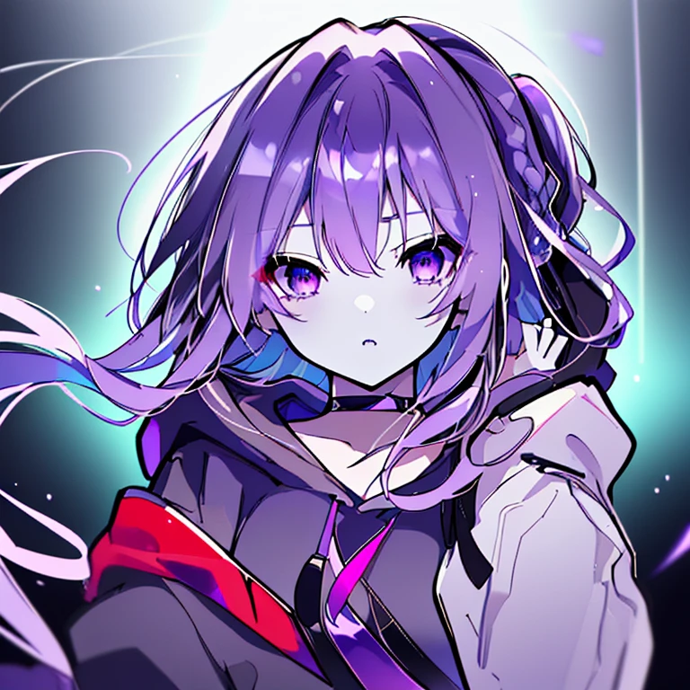 (highest quality,High resolution,Super detailed,wonderful,Attention to detail)Purple Hair,Long Hair,Braid,ponytail,Aqua Hair,Sharp Eyes,Cinema Lighting,White skin,hoodie,黒いhoodie,choker,thought,Bust-up perspective,gorgeous,gem,