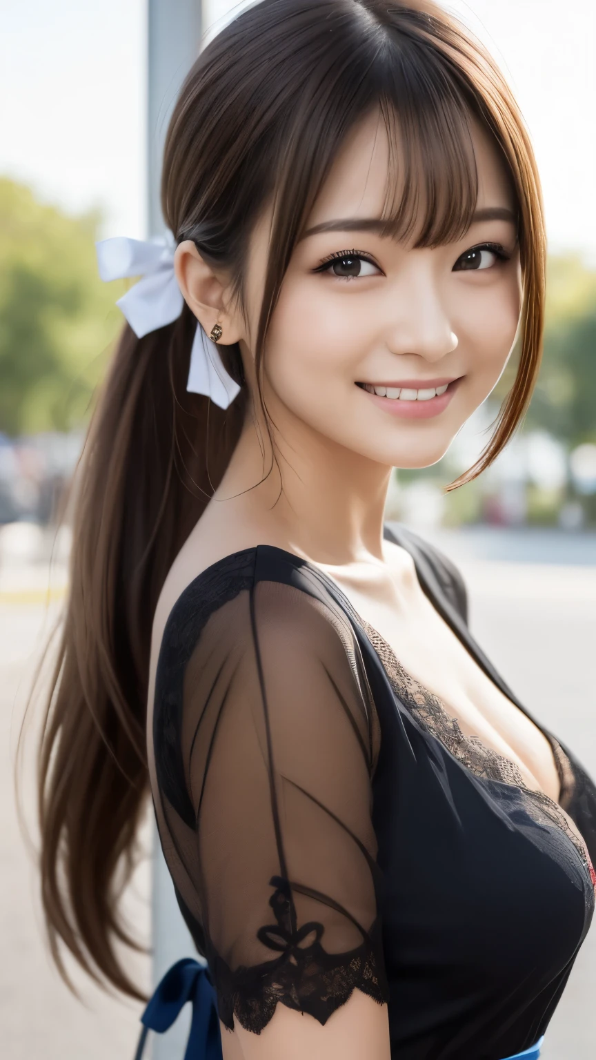 bright表情、Photorealistic:1.32、highest quality、超A high resolution、最も美しい日本のgirlの写真、Cute and beautiful face details、Small Face、(Purelos Face_V1:0.008)、美しいbangs、************、Radiant, fair, glowing skin、Hair gets tangled in the face、girl１people、顔まで伸びるbangs、bangs、Hair between the eyes、Attractive brown silky hair、bright、Clear eyes shine charmingly、Dynamic pose、highest quality、Disorganized、((the cutest girl in the world))、日本people、((Maxi length see-through lace dress with ribbon:1.3))、(ponytail:1.3)、(tie with a thin ribbon)、Nice and cute、An innocent smile、nice smile、No cleavage、(Large Breasts:1.3)、(The gesture of putting your hair behind your ears with your hands:1.3)、Side Tail、Brown Hair、Small waist、Detailed beautiful eyes、View your viewers、Upper Body、Close-up of face、Front view、