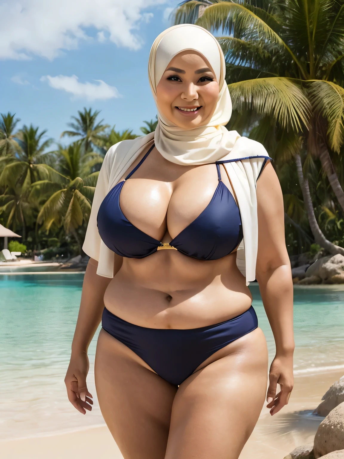 (Realistic) ((Hijab)) (real mature face) 68 Years old fat Brunei mature woman, sexy curvy, (sexy chubby body shape), (female warrior) (natural breast shape was exposed),warrior,Exposed bikini Armor,smile,full body shot