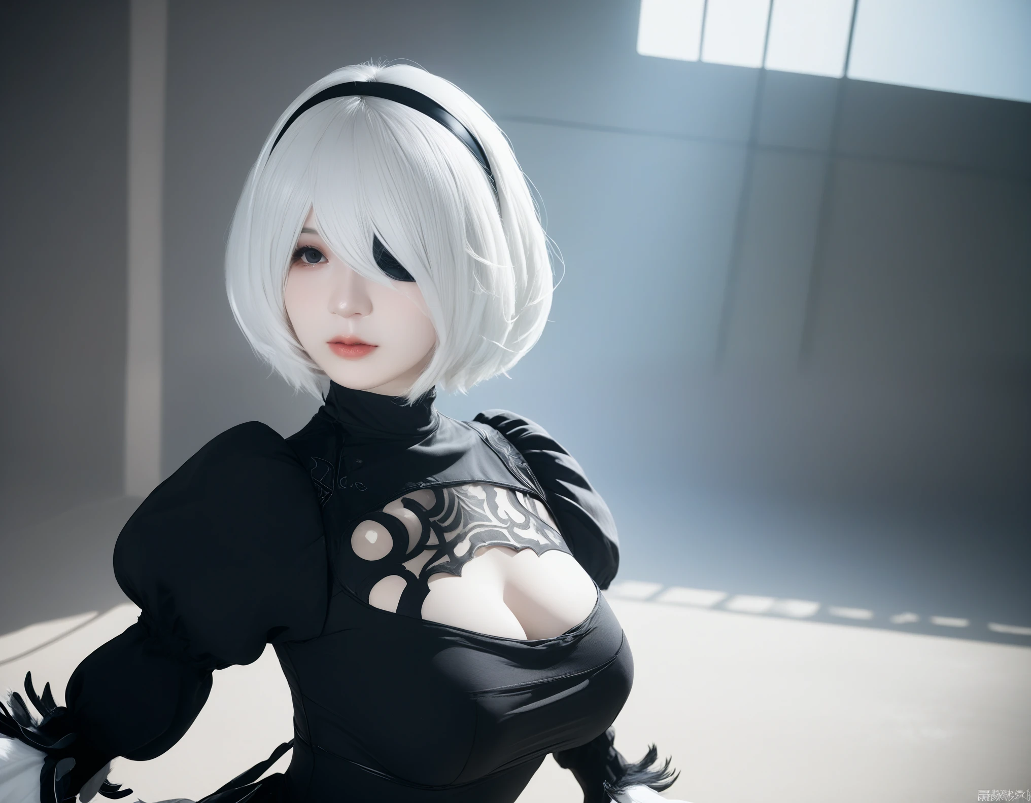 Real selfies、nier:Beautiful cosplay of 2B from Automata、2B、A selfie of a woman cosplaying as 2B、White skin、Cute eyes、tall、Great style、Big Breasts、Small face、Small head、High nose、Beautiful Face、Beautiful face、Long eyelashes、30 years old、British women、Half British、nier:2B&#39;s black costume from Automata、Stylish background、Light background、Blur the background、Fantasyな都市を背景に、Kiss the viewer、((2B&#39;s selfie))、((Focus Zoom))、((Face Enhancement))、Shooting from a diagonal angle、masterpiece、highest quality、high resolution、Cosplayer Photos、Professional Photoodel、Fantasy、Glaring at the audience、Angry expression、Cosplay Makeup、Real Cosplay Photo、Cool and beautiful photos、Wrapped in a pale white glow、good looking