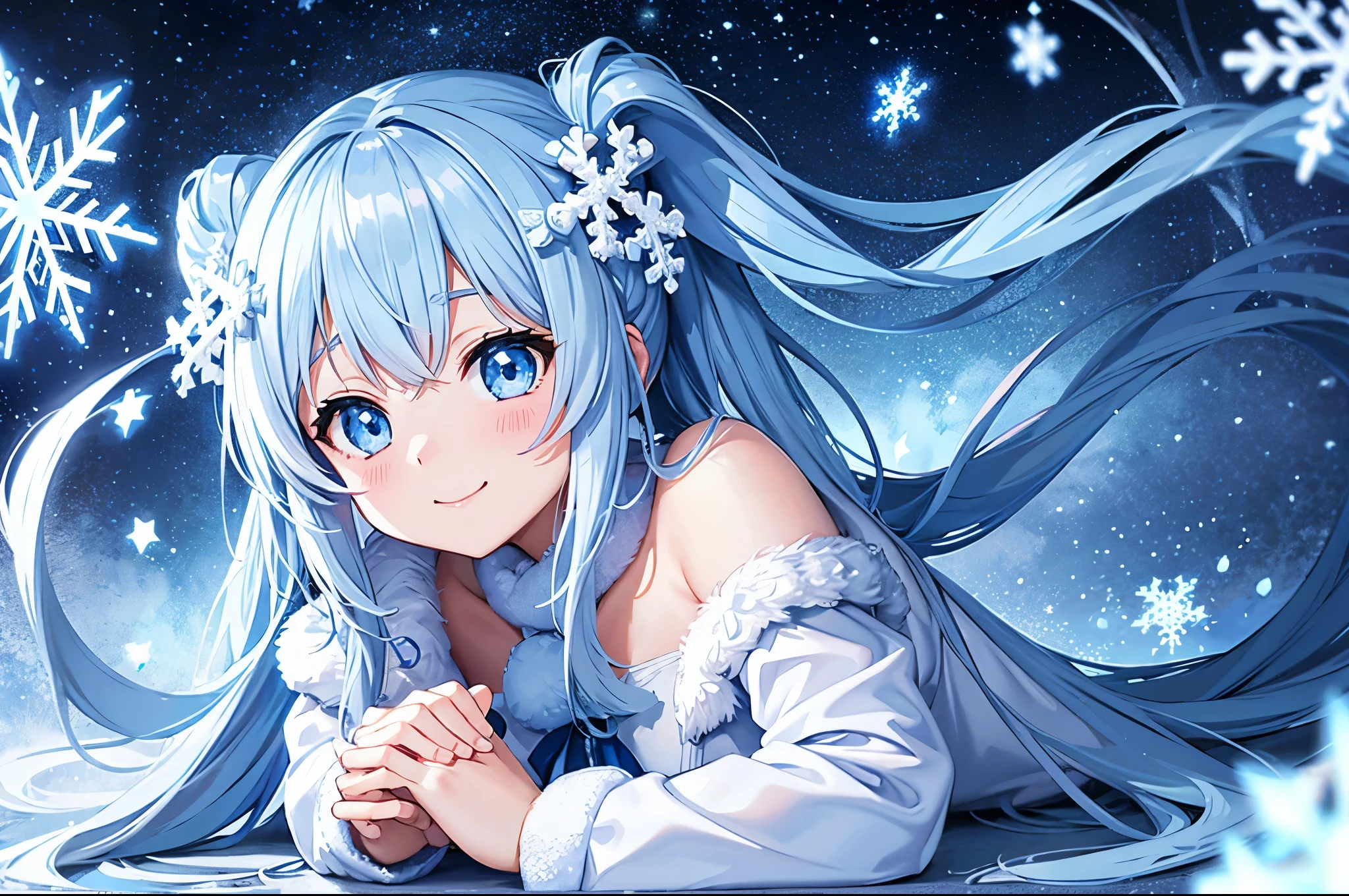 Light blue long hair、Cute girl with twin tails、Adorable smile、In the snow and ice forest、((It's a snowflake、Snowflake、;The whole body is shining)).night sky moon and star light、Ice Owl