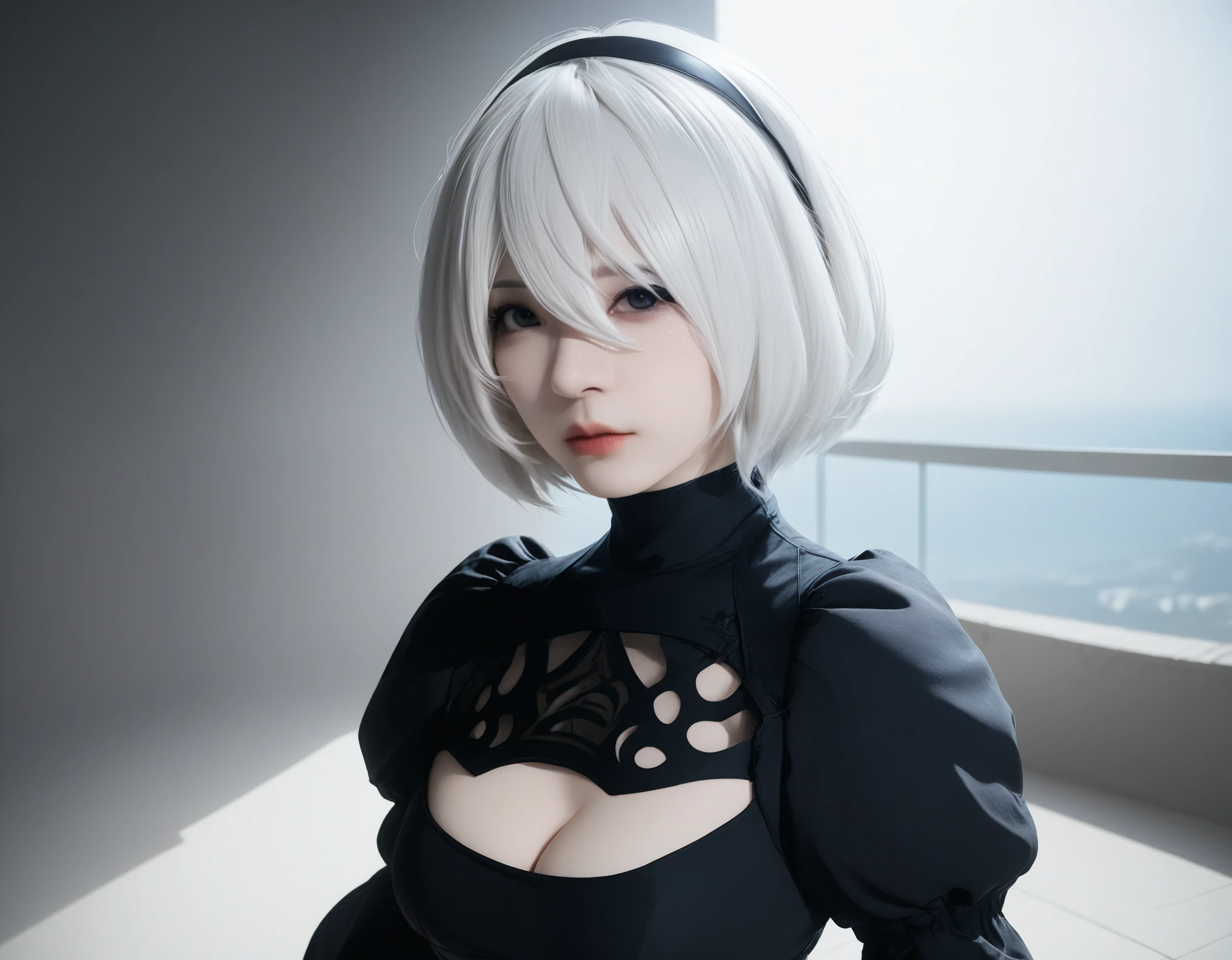 Real selfies、nier:Beautiful cosplay of 2B from Automata、2B、A selfie of a woman cosplaying as 2B、White skin、Cute eyes、tall、Great style、Big Breasts、Small face、Small head、High nose、Beautiful Face、Beautiful face、Long eyelashes、30 years old、British women、Half British、nier:2B&#39;s black costume from Automata、Stylish background、Light background、Blur the background、Fantasyな都市を背景に、Kiss the viewer、((2B&#39;s selfie))、((Focus Zoom))、((Face Enhancement))、Shooting from a diagonal angle、masterpiece、highest quality、high resolution、Cosplayer Photos、Professional Photoodel、Fantasy、Glaring at the audience、Angry expression、Cosplay Makeup、Real Cosplay Photo、Cool and beautiful photos、Wrapped in a pale white glow、good looking