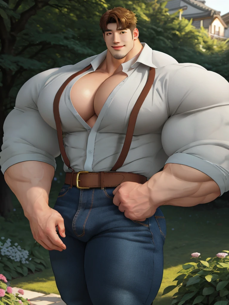 1boy korean male, (korean man with k-pop idol look), giant, model shoot style, looking at viewer, standing, strong body, standing, in the garden, crossed hand, barechest, belt & jean pants, prominent large bulge, brutalmass, detailed face, heavy muscular, stubble, photo real, big, brutalmass, giant, muscular body, bulk, massive body, large size, smile, illuminating light, golden hour, outdoor