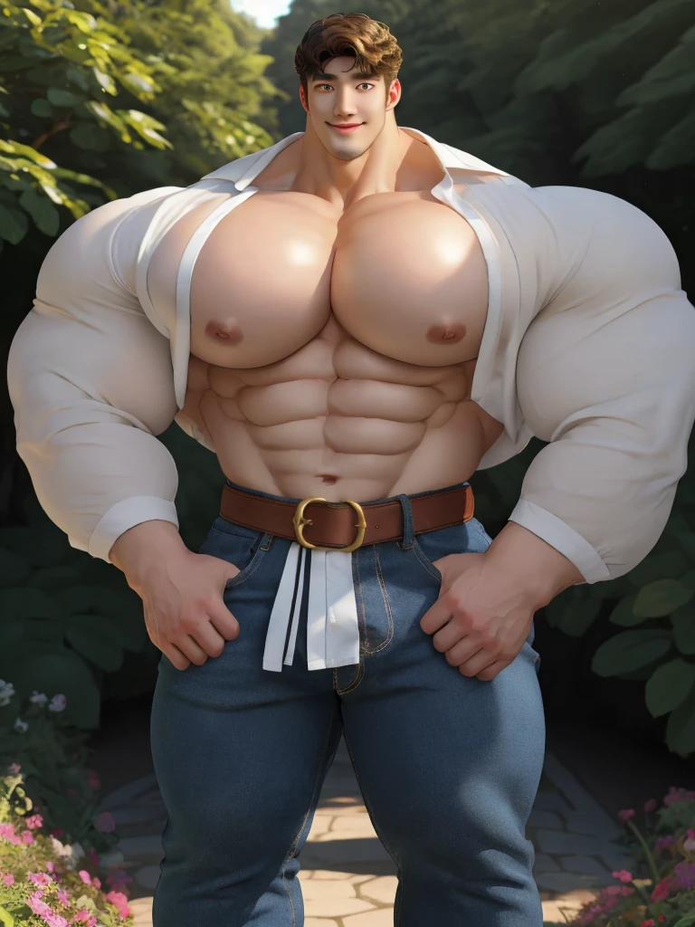 1boy korean male, (korean man with k-pop idol look), giant, model shoot style, looking at viewer, standing, strong body, standing, in the garden, crossed hand, barechest, belt & jean pants, prominent large bulge, brutalmass, detailed face, heavy muscular, stubble, photo real, big, brutalmass, giant, muscular body, bulk, massive body, large size, smile, illuminating light, golden hour, outdoor