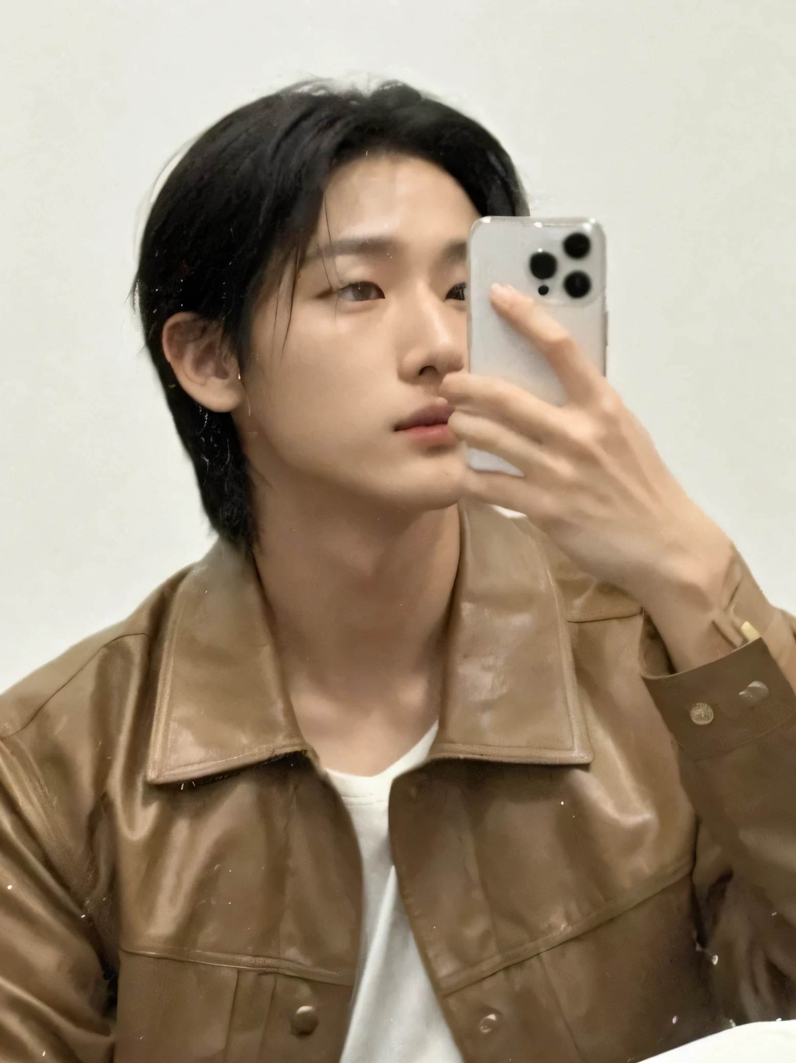 There's a man taking a picture with his cell phone, brillante por la lluvia, jinyoung shin, Won Bin Lee, hyung tae, cai xukun, Kim Doyoung, kim taejin, steven jung, with a brown leather maxi jacket, artista coreano, Yanjun Chengt, style of kentaro miura!!!!, jaeyeon nam, Shin Jeongho