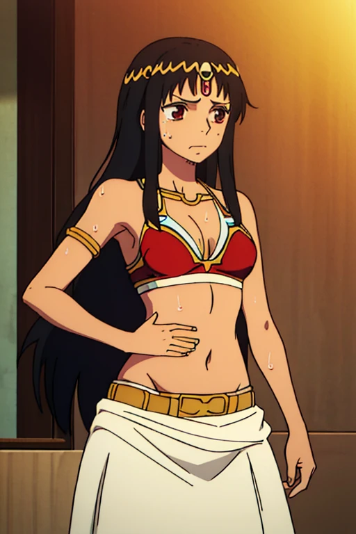 (best quality, masterpiece), brown skinned anime Cleopatra wearing a bikini top and long skirt, famished in hunger, (gently resting hands on stomach), (sweating), (long black hair), (hands on stomach), (pressing stomach with her fingers)