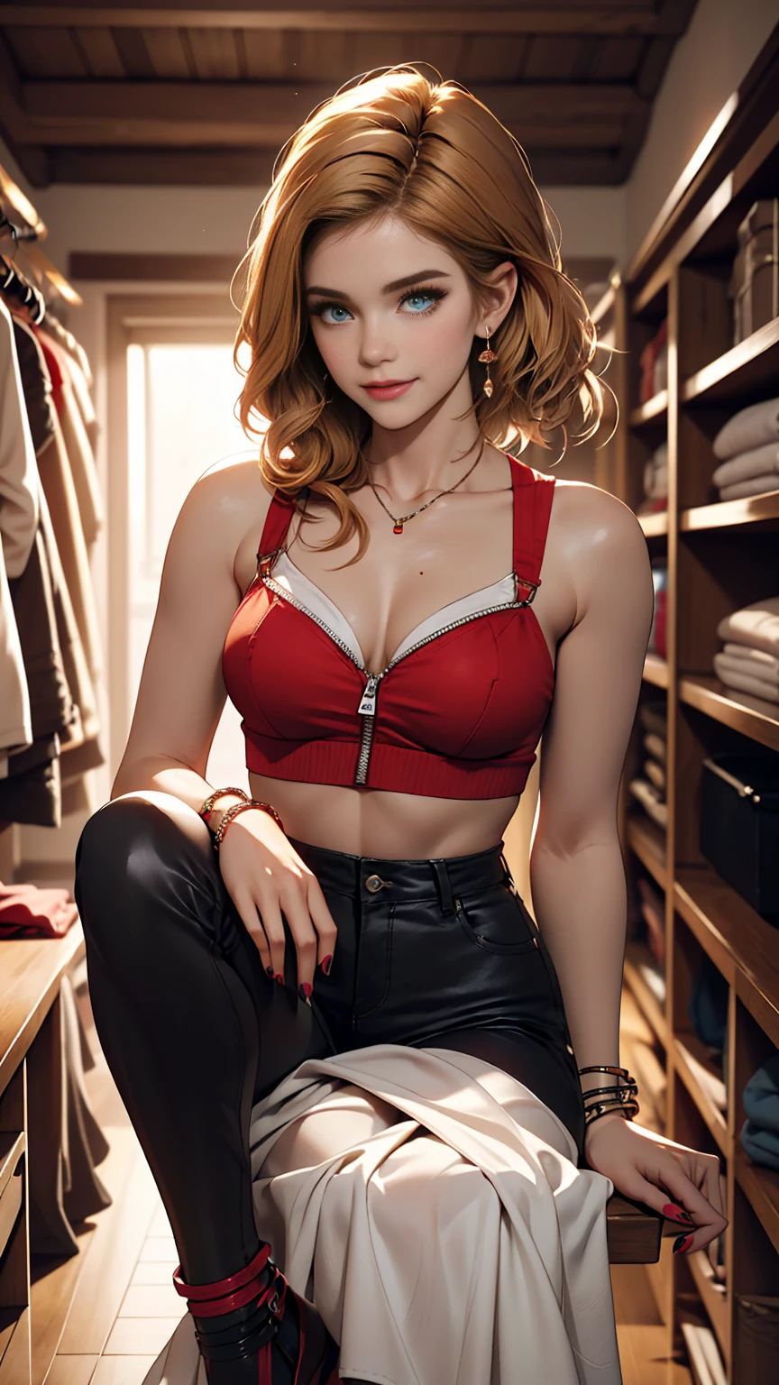 young Karen Gillan, cleavage, tied shirt, midriff, flashing red panties, short skirt, stockings