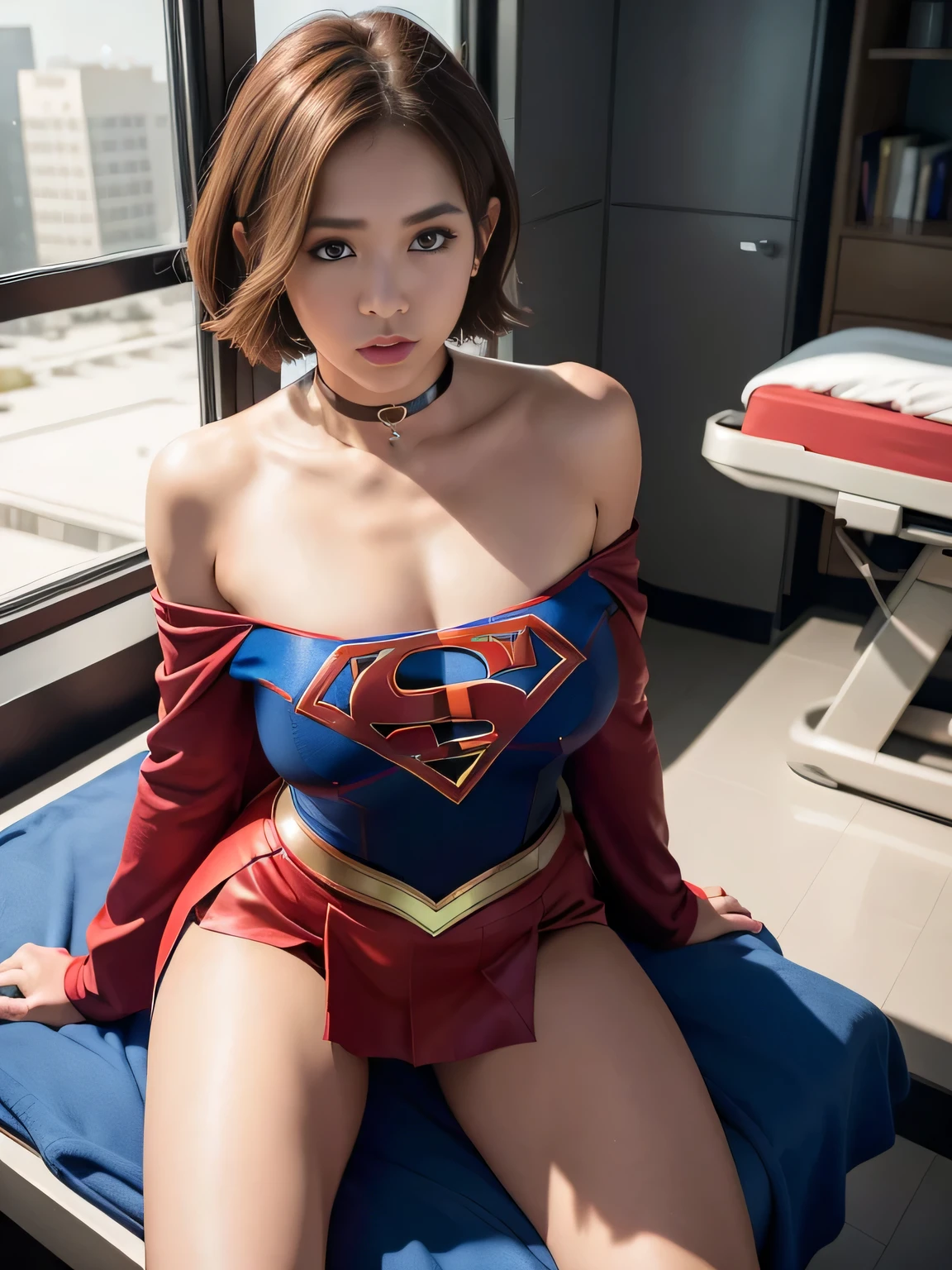 masterpiece、Supergirl Costume、short hair、barefoot、Big and ample breasts、operating room、operating table、Straddle、Crisis situation、Shiny、Looking at the camera、A provocative sexy pose、Estrus、choker、Weekly magazine cover、Long sleeve、Red mini skirt、Off the shoulder、Alluring、charm、Enchanting、Wild、