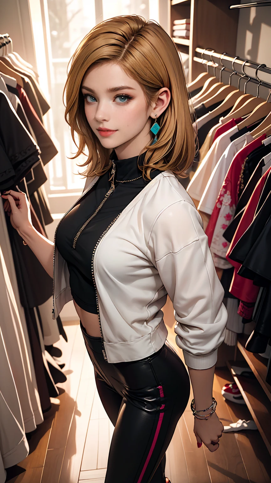 ((最high quality, 8K, masterpiece: 1.3, Ultra HD, high quality, 最high quality, High resolution, realism)) 、A 22-year-old extremely beautiful white woman、Body shape like a fashion model、Hair color blonde、blue eyeedium Hair、Straight Hair、smile、Background blur((depth of field))、Aerial perspective((atmospheric perspective))、I want my head to stay off screen、Put an anklet on your ankle、Wearing red nail polish、I have a peticure、Fashion model body type、Inner Color((colored inner hair))、Hair behind ears((hair behind ear))、Wear high-neck zipper-up tops、Large chest、Wear leggings、Wear high heels、In the walk-in closet