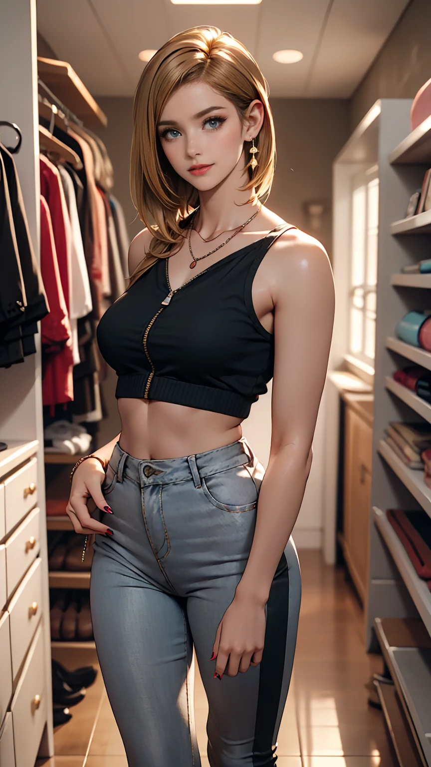 24-year-old woman、Blonde((blonde hair))、Hair in the eyes((hair over eyes))、Hair that hides one eye((hair over one eye))、Cropped tops((crop top))Tops、Slim Abs: 1.2、Hipbone Skirt((hipbone skirt))、Stiletto heels、Clutch bags、Put one hand on your hip、Cowboy Shot