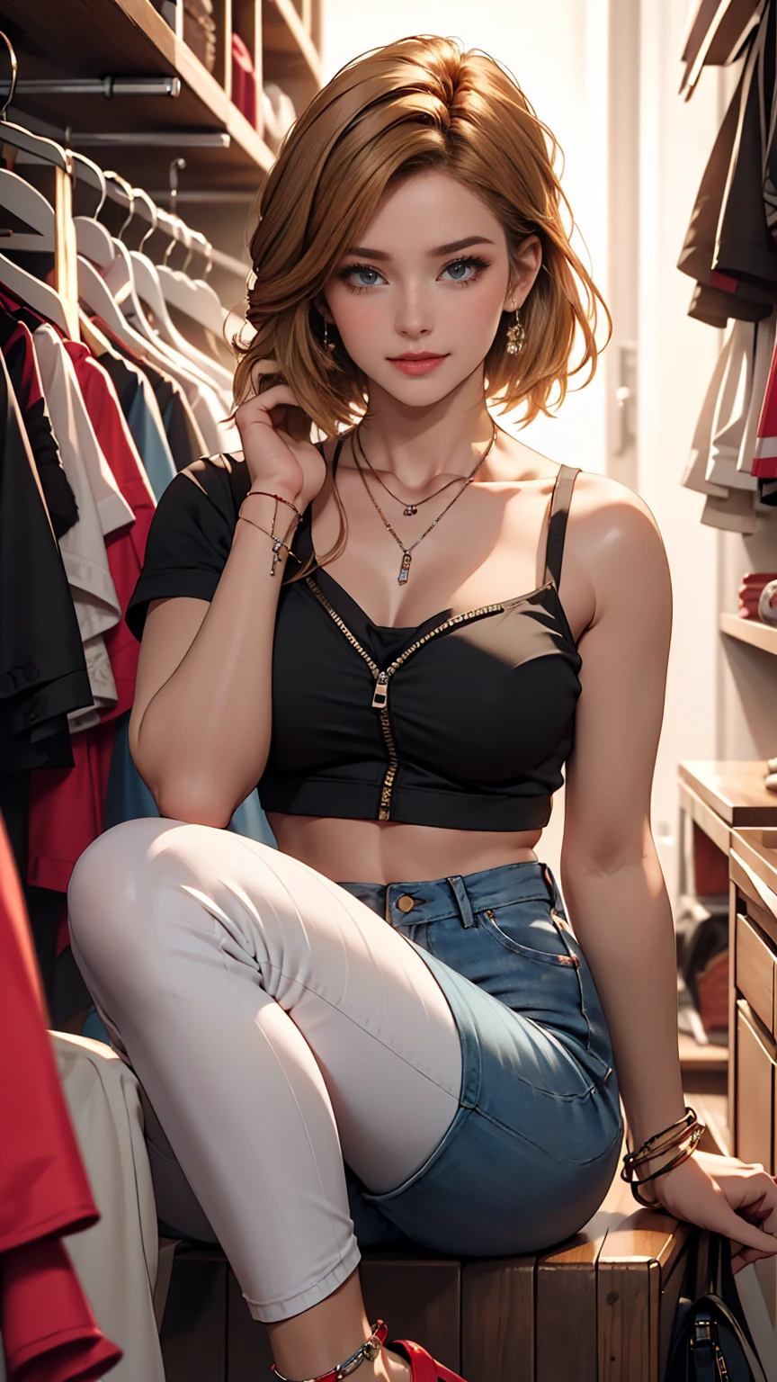 ((最high quality, 8K, masterpiece: 1.3, Ultra HD, high quality, 最high quality, High resolution, realism)) 、A 22-year-old extremely beautiful white woman、Body shape like a fashion model、Hair color blonde、blue eyeedium Hair、Straight Hair、smile、Background blur((depth of field))、Aerial perspective((atmospheric perspective))、I want my head to stay off screen、Put an anklet on your ankle、Wearing red nail polish、I have a peticure、Fashion model body type、Inner Color((colored inner hair))、Hair behind ears((hair behind ear))、Wear high-neck zipper-up tops、Large chest、Wear leggings、Wear high heels、In the walk-in closet