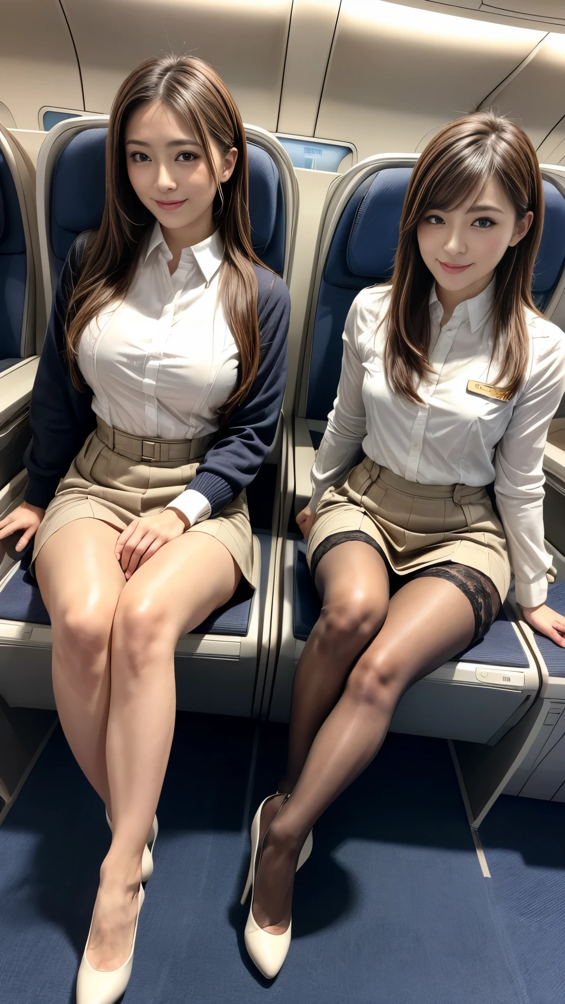 2girls, 16 K, Best Quality, 超A high resolution, School uniform, Train interior, Sitting, Full body, Legs, thighs thighs thighs thighs, (Panties:1.2), Skirt lift, lifted by self, look looking at viewer, Full smile, Black Short Bob Hair, BREAK,Blonde long hair, JK train opposite ,Realistic, Lips, Slender thighs, Slender legs,
Open knees