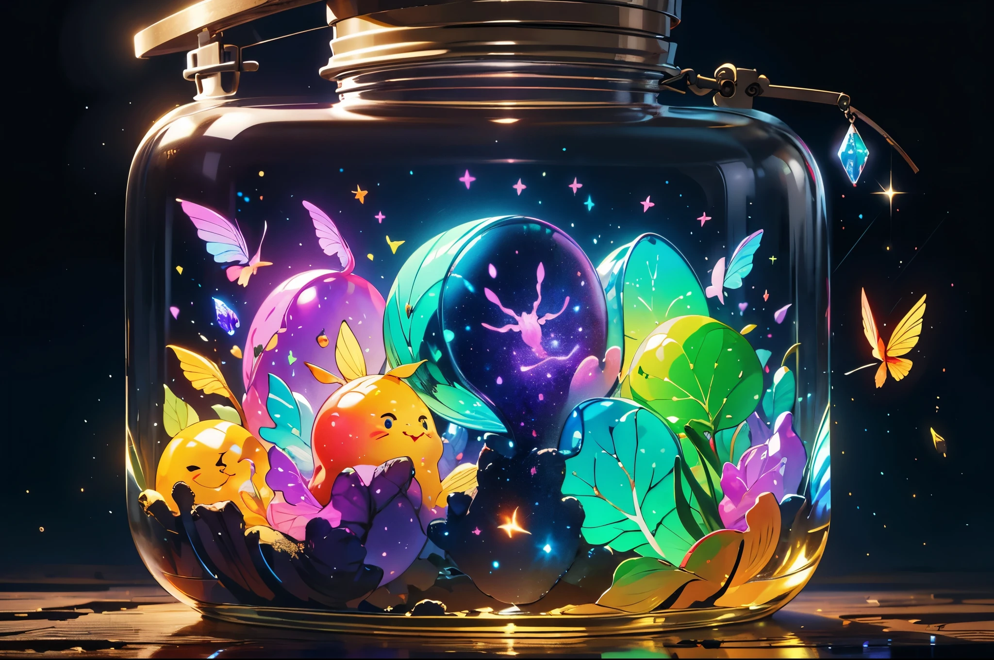 (8k, best quality, masterpiece:1.2),(best quality:1.0), (ultra highres:1.0), oil panting, infinite mirror candies popping in a crystal clear jar, mirrors background, 1980’s poster, extremely luminous bright design, flying light particles, pastel colors reflections, (ink:1.3)