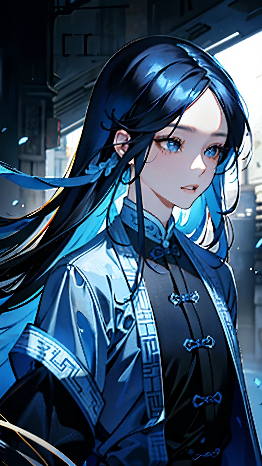 Han Guangjun,blue,Beautiful woman,(Flowing black hair),(Smooth long straight hair),