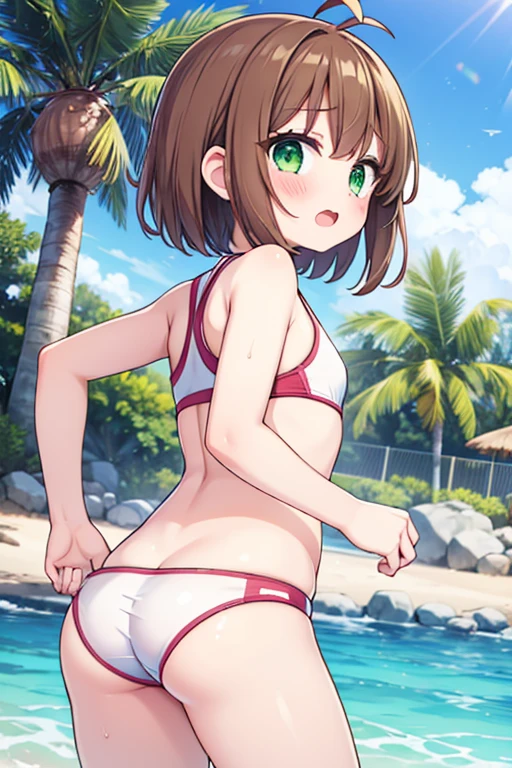 1girl, kinomoto sakura, beach, outdoors, solo, ass, competition swimsuit, green eyes, palm tree, tree, brown hair, short hair, day, looking back, beach,open mouth,blush,small hip,crying face,antenna hair,get wet,flat chest