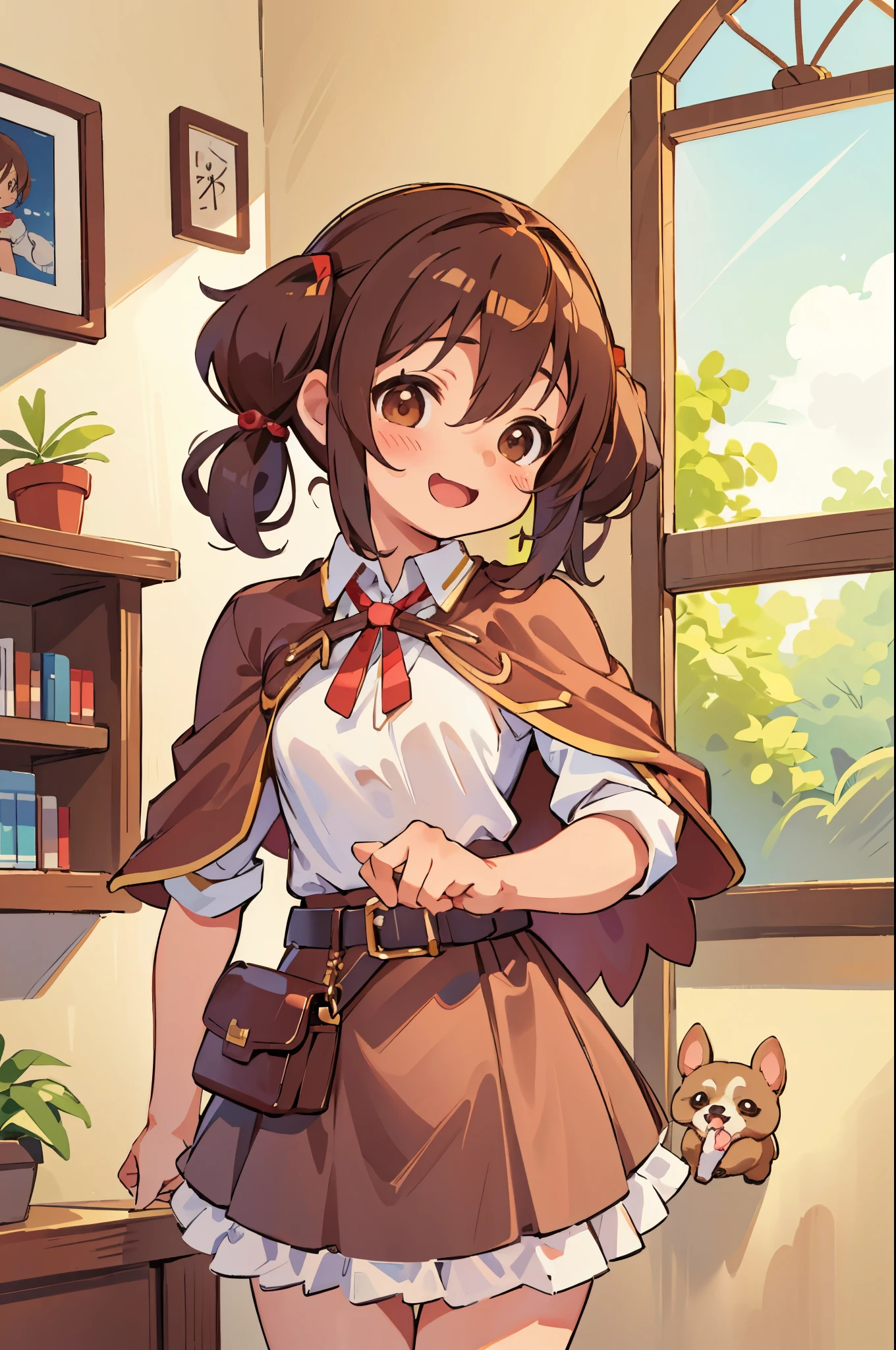 masterpiece, highest quality, The cutest girl in the world、８age、Small breasts、Pigtails on both sides、Brown Hair、Dog earaid clothes、Frilled Skirt、Ecstatic expression、Serve your master、Office、White chihuahua in the room　Put on your cape、big leather belt、Brown leather pouch on waist