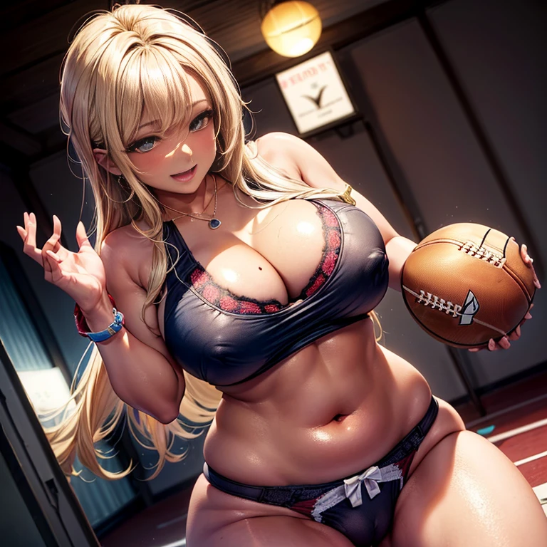 (High resolution:1.5),(Ultra-realistic:1.5),(Skin Texture:1.5),(Dark Skin:1.8),(Sports girl seduces you with her desires:1.95),(Ecstatic expression:2.2)(Have a look at this:1.3),Beautiful breasts、Narrow waist,Beautiful contour makeup:1.35)、(Pink Cheeks:1.15),(eyeliner、eye shadow,),(False eyelashes)、(beautiful red lips:1.25),(Shiny hair texture:1.6),(Blonde layered cut hairstyle:1.15),、Sexy Ruffle Lace Panties、Necklace around the neck、wrist bracelet、(Earrings:1.05),Camel Toe、Giant tit、Nipple Puffs、Cleavage、Plump、Super big breasts、Super big butt、Cowboy Shot、Super big breasts