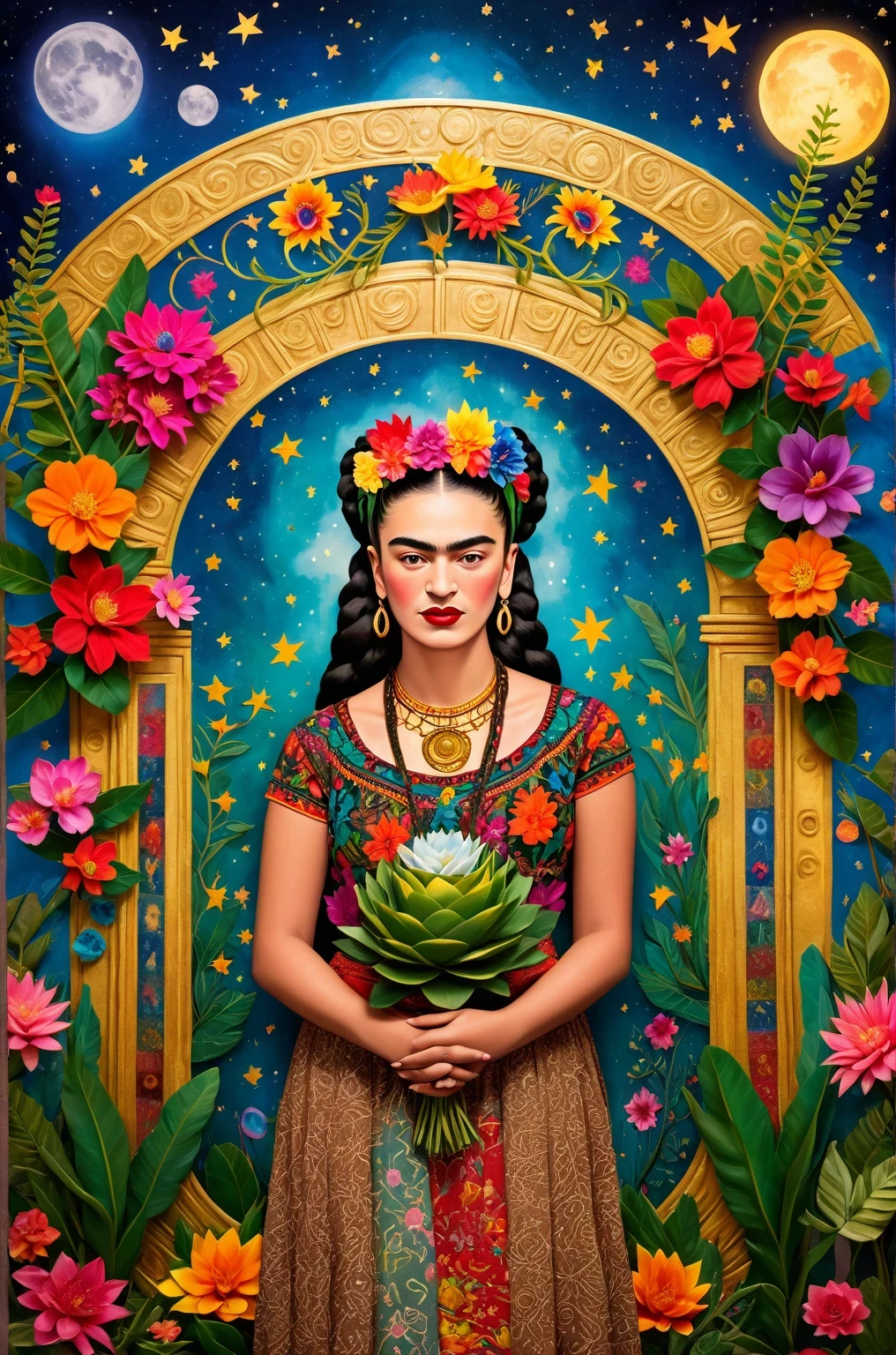 Frida Kahlo:tarot card,goddess(0.9),illustration,divine,ethereal,artistic,vibrant colors,rich textures
+ A girl with Frida Kahlo's features, wearing a flower crown and flowing, colorful garments
+ Intricate details on Frida Kahlo's face, with emphasis on her expressive eyes, captivating lips, and elegant eyebrows
+ Symbols and elements from tarot cards, such as stars, moons, and flowers, surrounding Frida Kahlo
+ A halo or aura of light illuminating Frida Kahlo, emphasizing her divinity
+ A mystical and whimsical background, incorporating surreal elements and rich patterns
+ A sense of empowerment and strength in Frida Kahlo's pose and body language
+ The presence of magical or supernatural elements, enhancing the goddess-like impression
+ A harmonious and balanced composition that captures the essence of Frida Kahlo's unique style and spirit
(best quality,4k,8k,highres,masterpiece:1.2),ultra-detailed,realistic,portrait,artistic,stylistic,bokeh,warm color tones,soft lighting