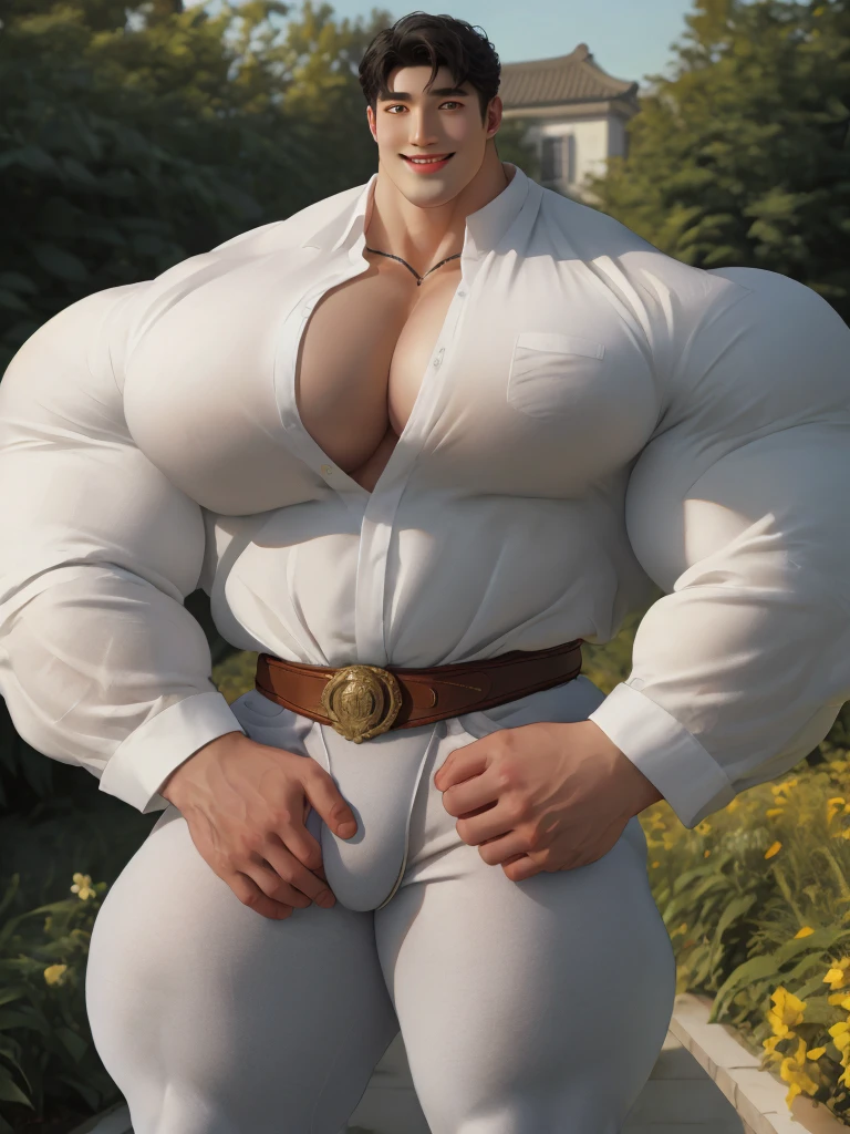 1boy korean male, (korean man with k-pop idol look), black hair, giant, model shoot style, looking at viewer, standing, strong body, standing, in the garden, white triangular underpants, prominent large bulge, brutalmass, detailed face, heavy muscular, stubble, photo real, sexy, big, brutalmass, giant, muscular body, bulk, massive body, large size, smile, illuminating light, golden hour, outdoor