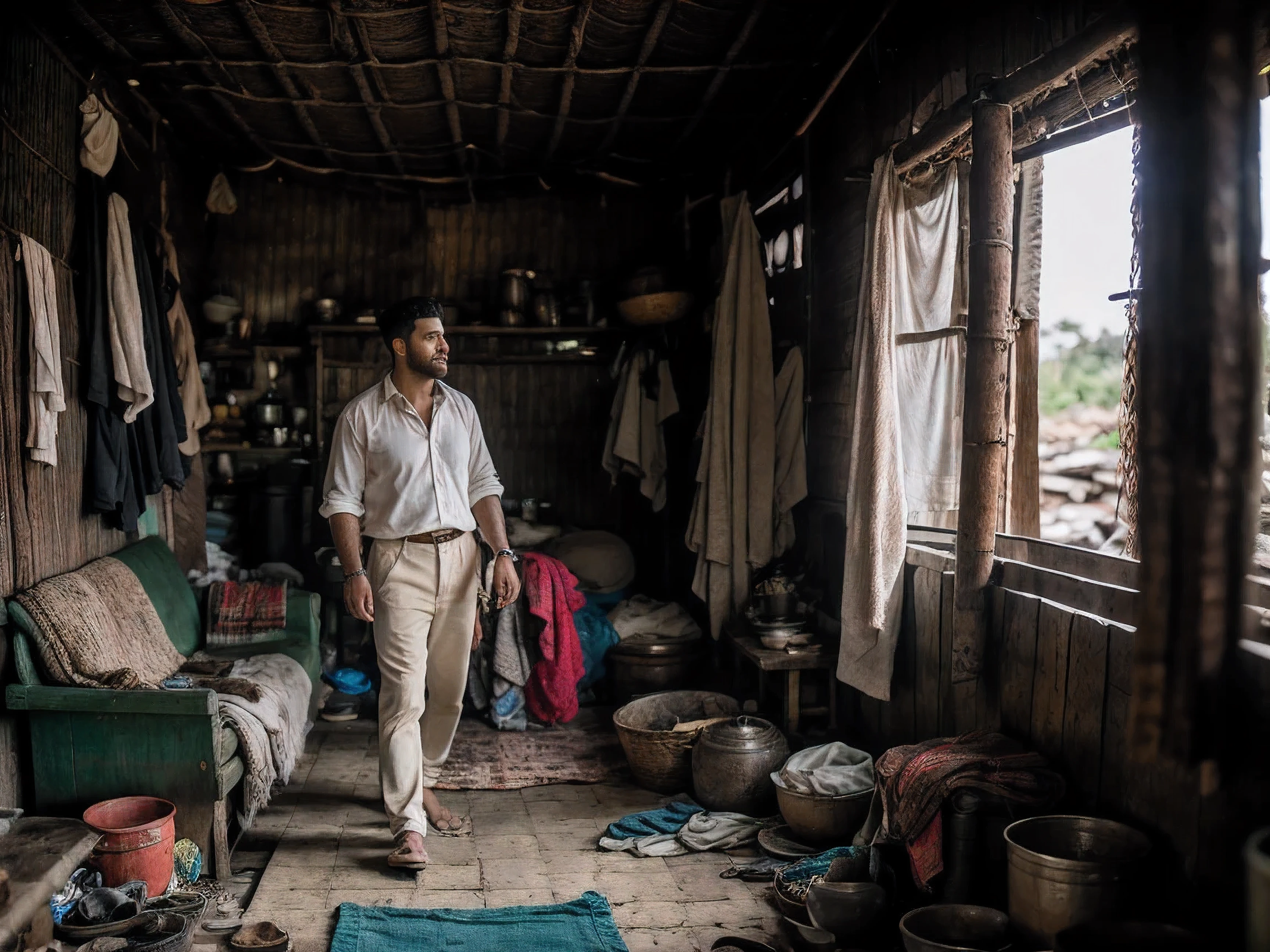 8k uhd, dslr, high quality , RAW photo, Realistic Photography , Fujifilm XT3, Canon R5, Handsome Men ,Cream colored thick trousers, (Rustic slum living room:1.2)