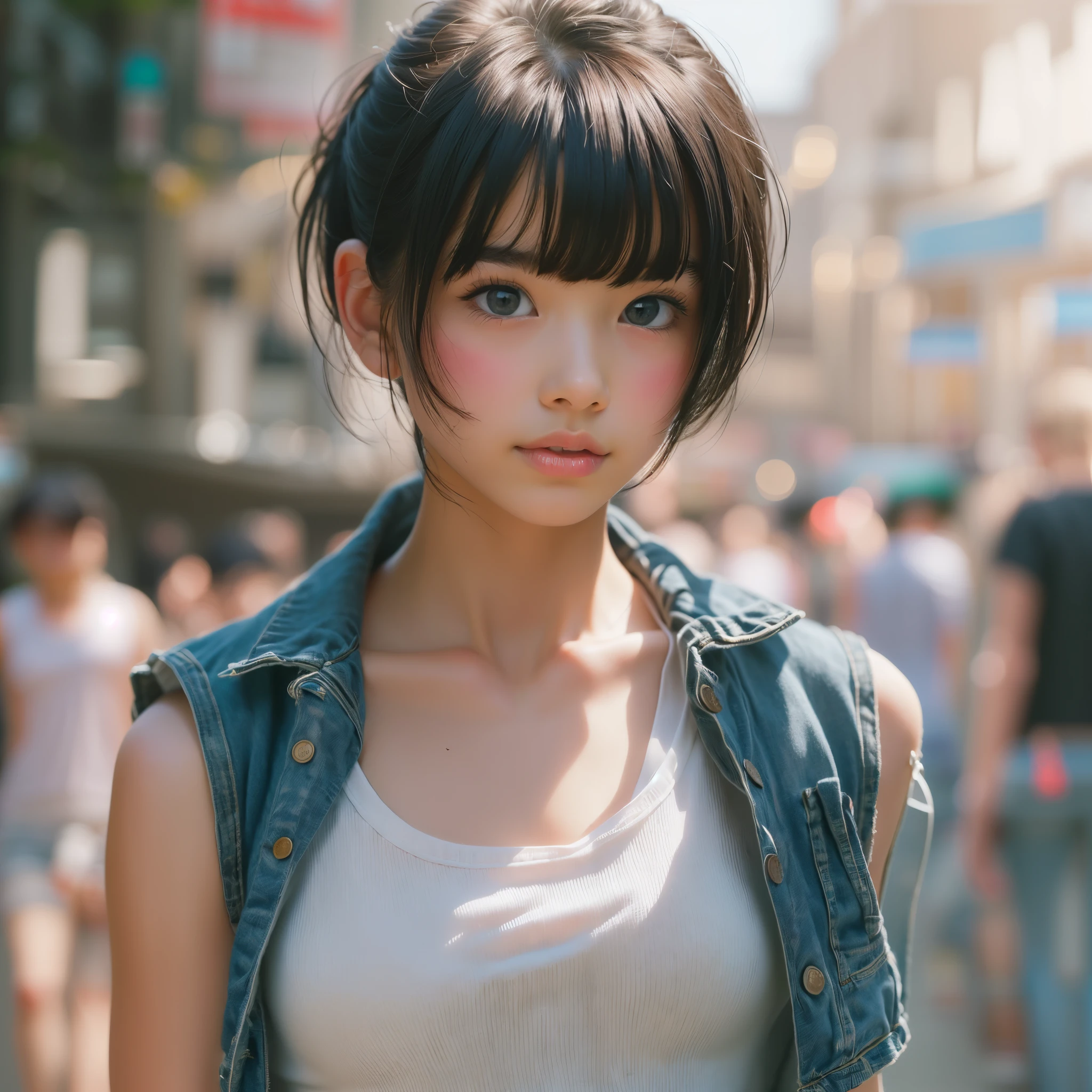 ((sfw: 1.4)), (( extra short hair, sidelocks-hair, 1Girl)),solo,((18 years old)), Ultra High Resolution, (Realistic:1.4), RAW Photo, Best Quality, (Photorealistic), Focus, Soft Light, ,((Japanese)), (( (young face))), (wearing white tanktop:1.5),((hot denim pants)),(surface), (depth of field), masterpiece, (realistic), , bangs,,(face close up:0.8)