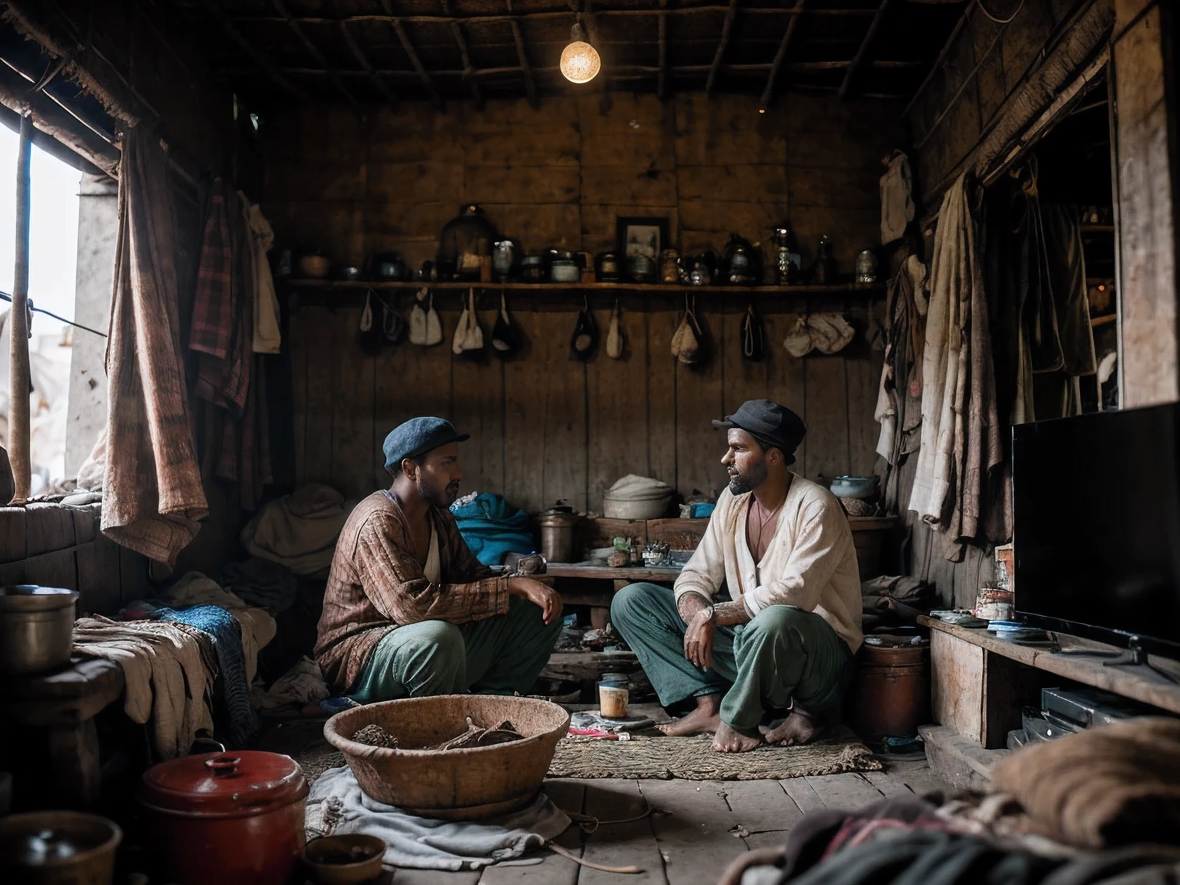 8k uhd, dslr, high quality , RAW photo, Realistic Photography , Fujifilm XT3, Canon R5, Handsome Men ,Cream colored thick trousers, (Rustic slum living room:1.2)