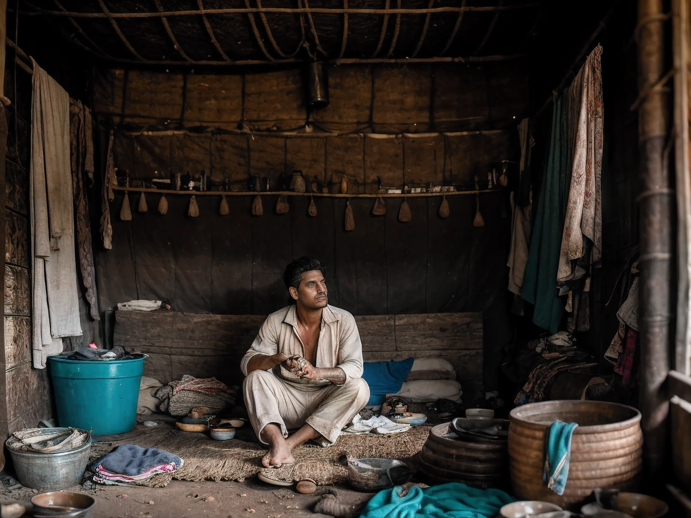 8k uhd, dslr, high quality , RAW photo, Realistic Photography , Fujifilm XT3, Canon R5, Handsome Men ,Cream colored thick trousers, (Rustic slum living room:1.2)