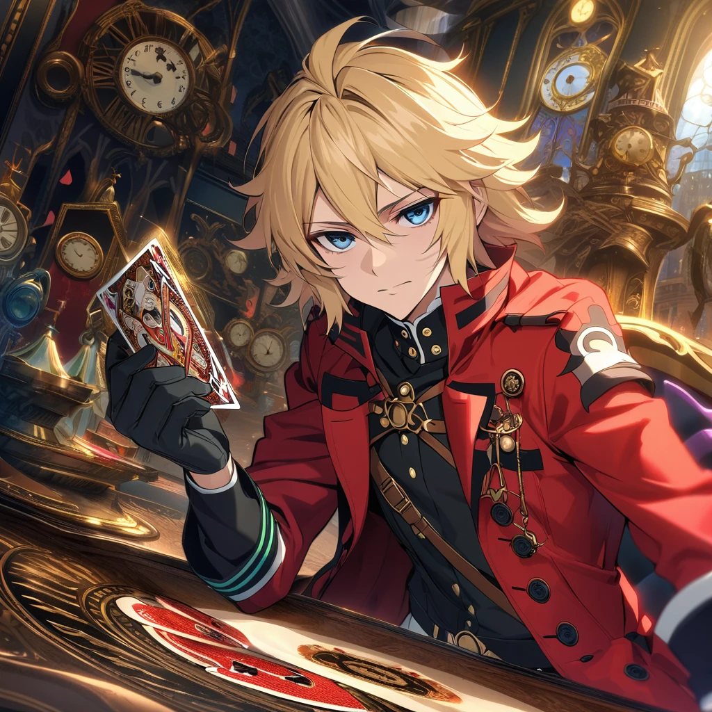 Ultra detailed, highres, absurdres, HDR, Mika Hyakuya, wavy blond hair, blue eyes, Owari No Seraph, red long coat, black tight shirt with patterns, clock, gear, in wonderland, heart cards, man, solo, handsome, very detailed face and eyes, black gloves,