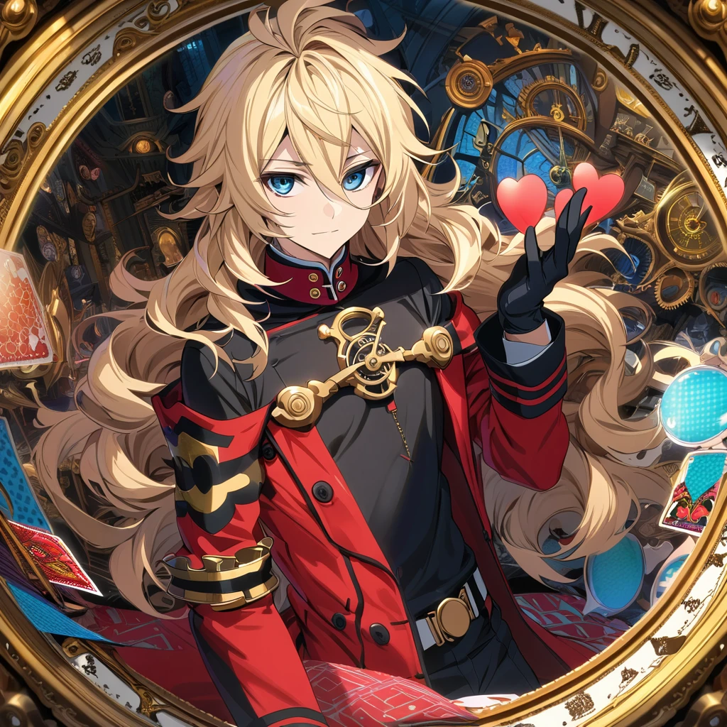 Ultra detailed, highres, absurdres, HDR, Mika Hyakuya, wavy blond hair, blue eyes, Owari No Seraph, red long coat, black tight shirt with patterns, clock, gear, in wonderland, heart cards, man, solo, handsome, very detailed face and eyes, black gloves,