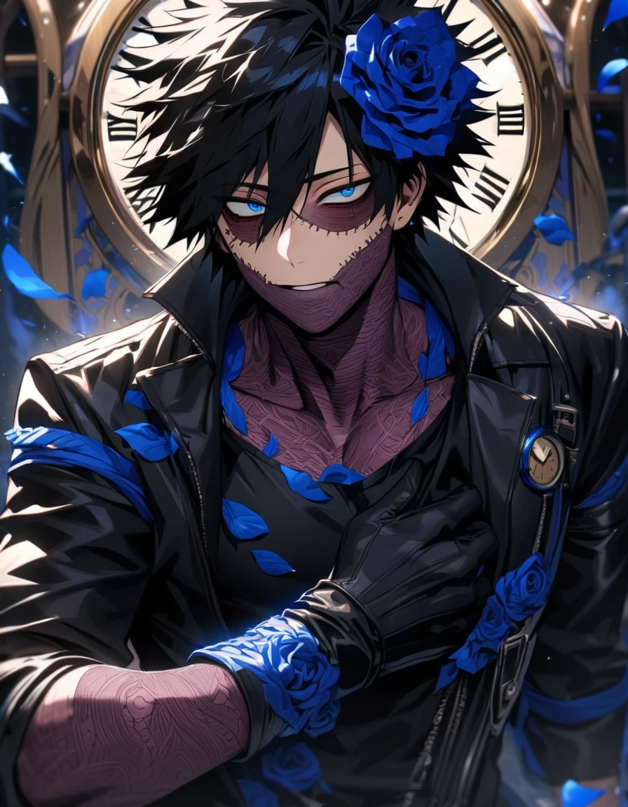 absurdres, highres, ultra detailed, HDR, masterpiece, extremely detailed face and eyes, perfect face, Dabi, black hair spiked around his head, hair between the eyes, expressive blue eyes, Boku No Hero Academia, solo, sexy man, handsome, black leather coat, tight black shirt, patterns, blue roses, black gloves, petals, in woderland, clock, blue flames
