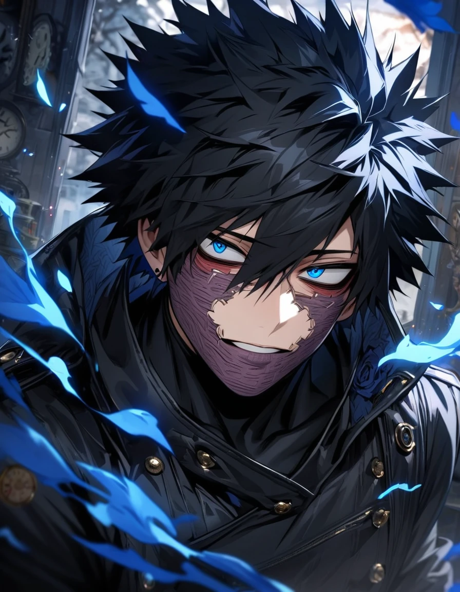absurdres, highres, ultra detailed, HDR, masterpiece, extremely detailed face and eyes, perfect face, Dabi, black hair spiked around his head, hair between the eyes, expressive blue eyes, Boku No Hero Academia, solo, sexy man, handsome, black leather coat, tight black shirt, patterns, blue roses, black gloves, petals, in woderland, clock, blue flames
