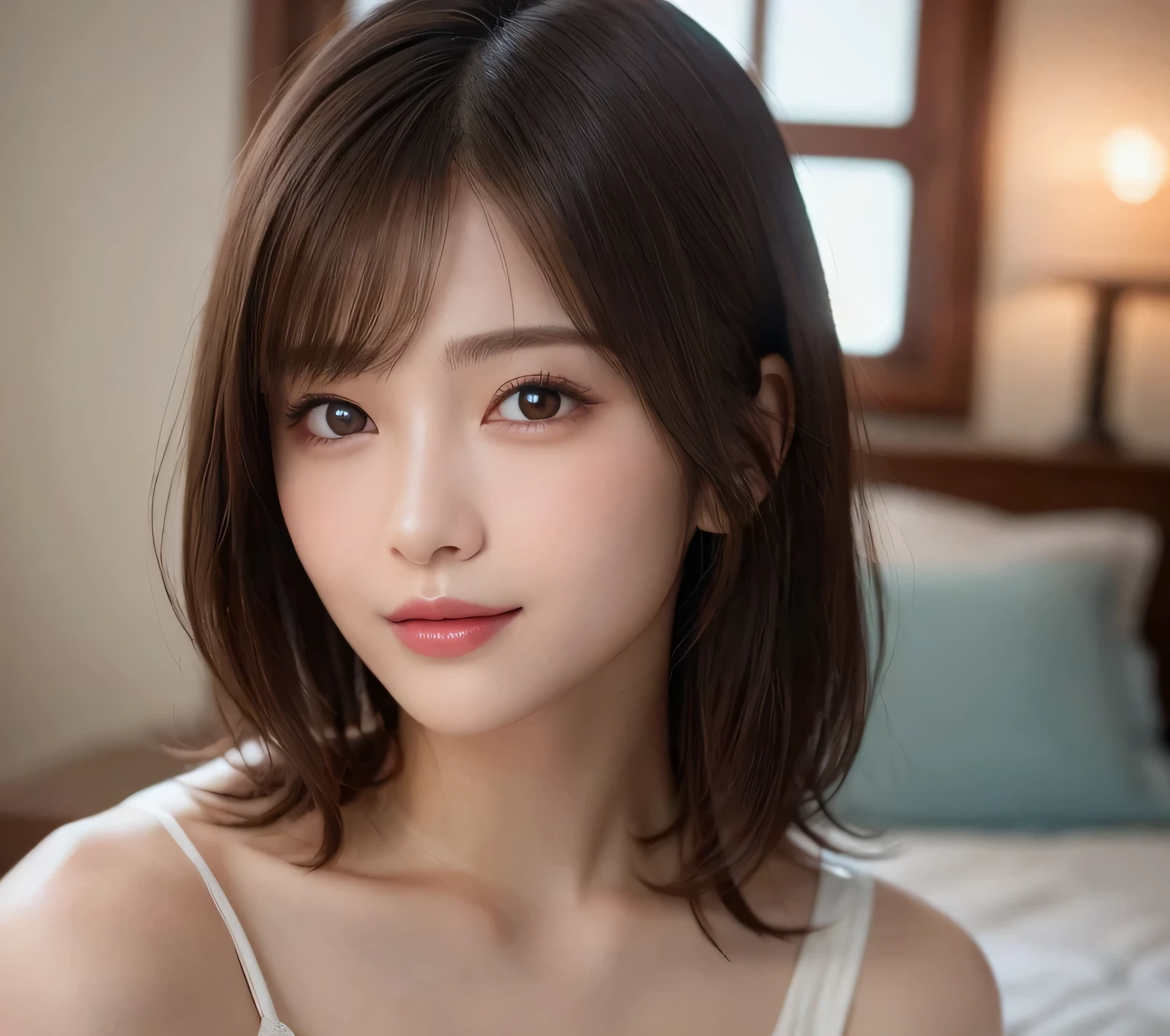 (highest quality:1.5)、(Realistic:1.5)、(1 person:1.5)、Very detailed、finely、High resolution、8k wallpaper、Perfect dynamic composition、Small breasts、Natural color lip、Cute smile、Japanese women、20-year-old girl、Beautiful and elaborate face、Perfect and beautiful face、Beautiful and detailed、Big eyes、Brunette eyes、Beautiful and elaborate face、Perfect and beautiful double eyelids、Natural Bangs、Beautiful thin nose、Beautiful Skin、Maroon brown hair、Medium Bob Hair、Short Hair、Natural Bangs、Bedroom、On the bed、Perfect and beautiful face、Natural pose、Slim face and figure、(looking at the camera)、Bright lighting、Professional Lighting、front lighting、Bold sexy pose、Natural smile、Cold Shoulder、Halter Shoulder、Beautiful clavicle、(A sexy shot of her looking straight at the camera)、Beautiful clavicle、Beautiful cleavage、Beautiful waistline、
