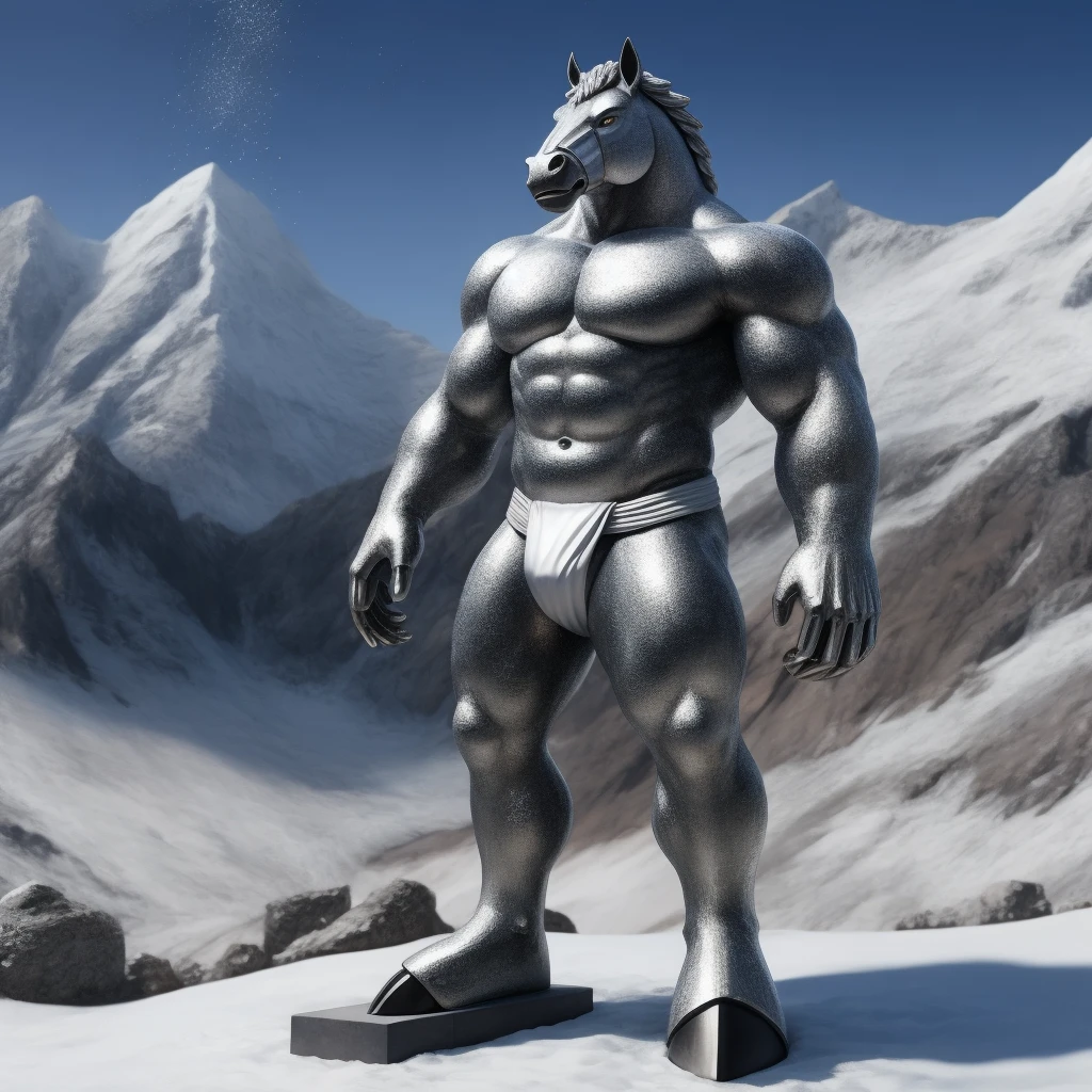  Antro, Statue, Estatua de Plata Metalica [Horse color Silver Metal] , [Fundoshi Bulto Male Big Gold], [Fundoshi Silver Metal], Solo, Plata, [Bulto Male Big], Hooves , Detallado 4k, cuerpo completo, Cuerpo silver metal, snowy mountain background, pupil Eyes silver Alta resolucion, Particulas doradas, Metal silver Brillo plateado, Metal Pulido, silver Particle, Manos Perfectas