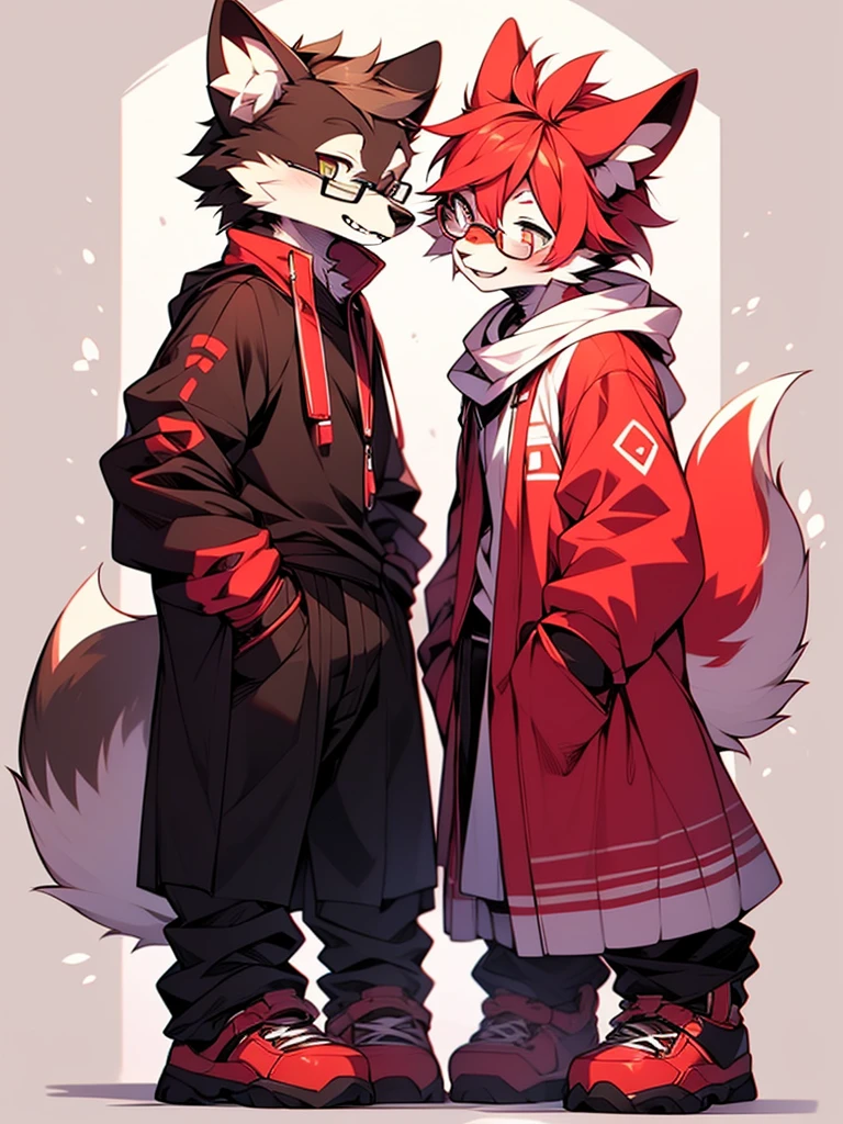 wear glasses,Red hair all over the body, Male wolf,short hair, Bright Eyes,The eyes are gray，With black bow，White belly，The tip of the tail is white，Meatballs Pink,hairy,hairy male ,Hana Charcoal,(Full body fur, hairy尾巴, Red fur,),Long canine teeth，Fluffy all over,Blank Background