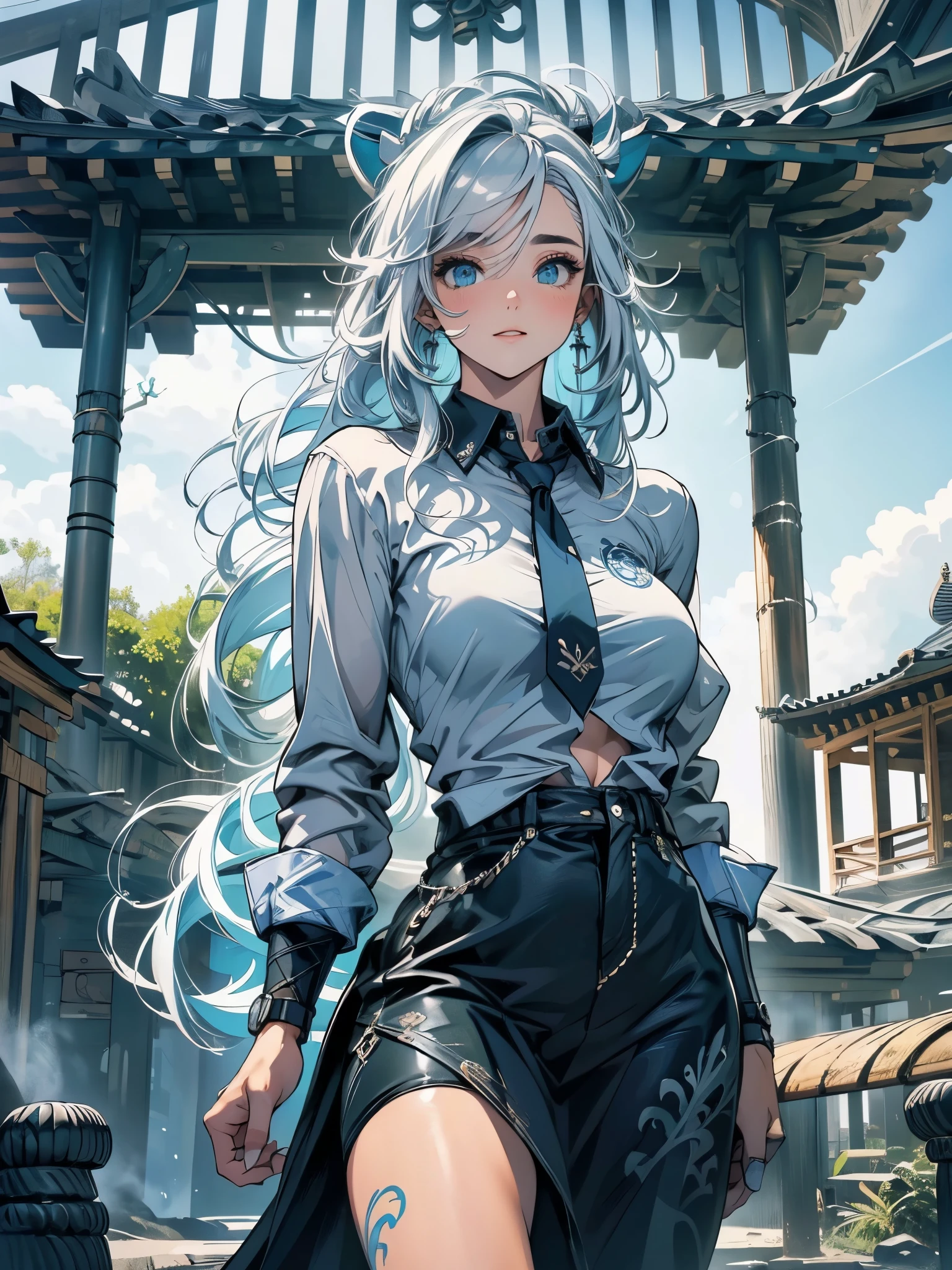 1 garota de perfil, hoshino (arquivo azul), Sozinho, heterochromia, cabelos brancos, white hair, cabelos longos, costeletas longas, saia azul, decote, , Ahoge, barriga a mostra, areola, olhos de cores diferentes, olxadrez, sitting looking up at the sky, aproveitar, Boca aberta, very Cabelo longo, collared Camisa, sorriso, franja, feet outside the frame, entre as pernas, hand back, corar, cabelo entre os olhos, high resolution,obra de arte, melhor qualidade, (((corpo inteiro, seios redondos, fit muscle body))), ao fundo um vasto campo aberto com flores
