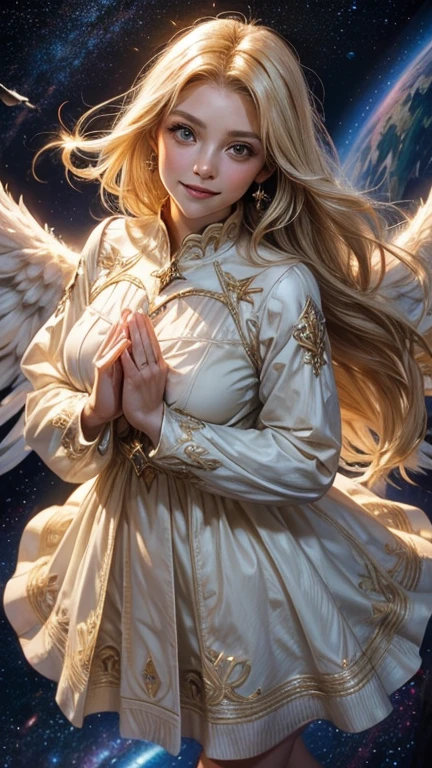 from the front, Look directly at the viewer, From above:1.2,   angel, A kind smile, Big eyes, blonde, A neat dress with sleeves that cover the chest, Angel wings on the back, Space background with many shining stars, Prayer-like pose, Realistic