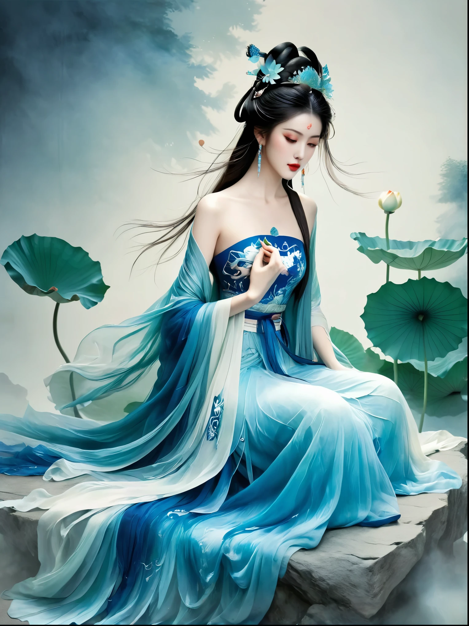 Chinese beauty sitting on the stone, Dressed in ancient Chinese costumes, Flowing blue tulle, Light Silk, Lazy posture, Big lotus leaf, lotus, Ink painting style, Clean colors, Decisive felling, White space, Mode, masterpiece, Ultra Detailed, Epic creation, high quality, best quality, Ultra HD，masterpiece，precise，Anatomically correct，Textured Skin，Awards, Best quality, 8k