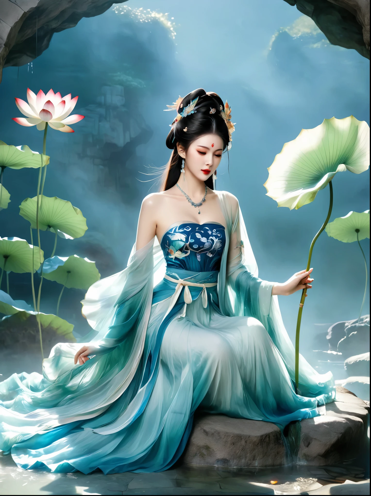 Chinese beauty sitting on the stone, Dressed in ancient Chinese costumes, Flowing blue tulle, Light Silk, Lazy posture, Big lotus leaf, lotus, Ink painting style, Clean colors, Decisive felling, White space, Mode, masterpiece, Ultra Detailed, Epic creation, high quality, best quality, Ultra HD，masterpiece，precise，Anatomically correct，Textured Skin，Awards, Best quality, 8k