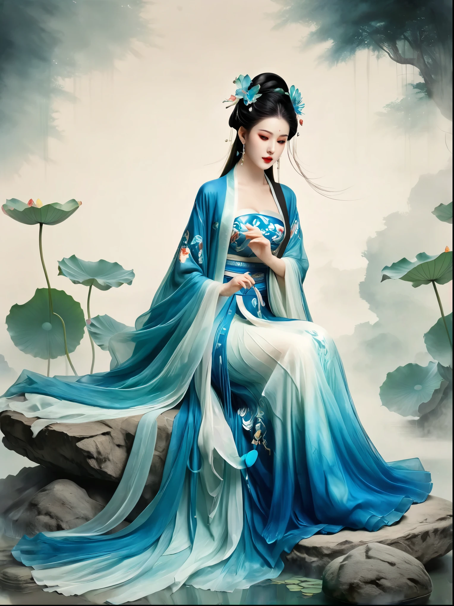 Chinese beauty sitting on the stone, Dressed in ancient Chinese costumes, Flowing blue tulle, Light Silk, Lazy posture, Big lotus leaf, lotus, Ink painting style, Clean colors, Decisive felling, White space, Mode, masterpiece, Ultra Detailed, Epic creation, high quality, best quality, Ultra HD，masterpiece，precise，Anatomically correct，Textured Skin，Awards, Best quality, 8k